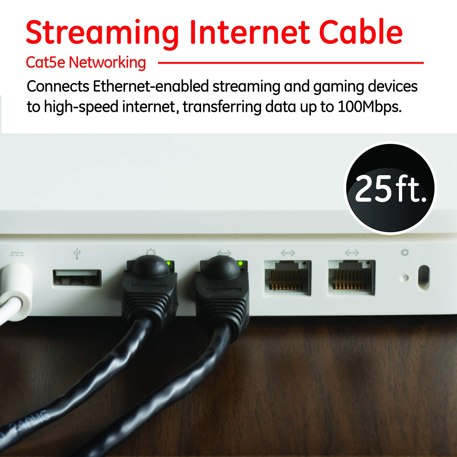 Ge Cat5E Ethernet Cable, 25Ft Ethernet Cable, Up To 100Mbps, Rated 100 Mhz, Utp, For High Speed Internet Devices, Streaming Devi