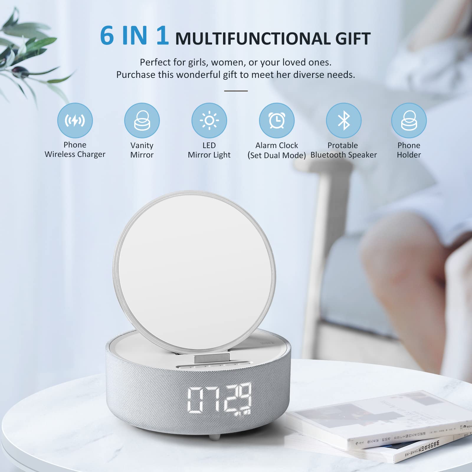 Bluetooth Speaker With Led Light Makeup Mirror, Wireless Charging Station For Iphone/Samsung, Stylish Multifunctional Automatic Clock Bedside Lamp Ideal For Home, Bedroom, Office & Gift
