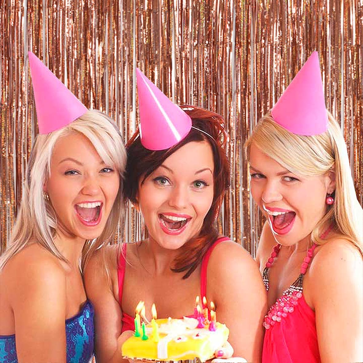 Toniful 3Pcs Laser Rose Gold Door Streamers,Laser Rose Gold Photo Booth Backdrop Metallic Streamers Foil Fringe Curtains For Bir