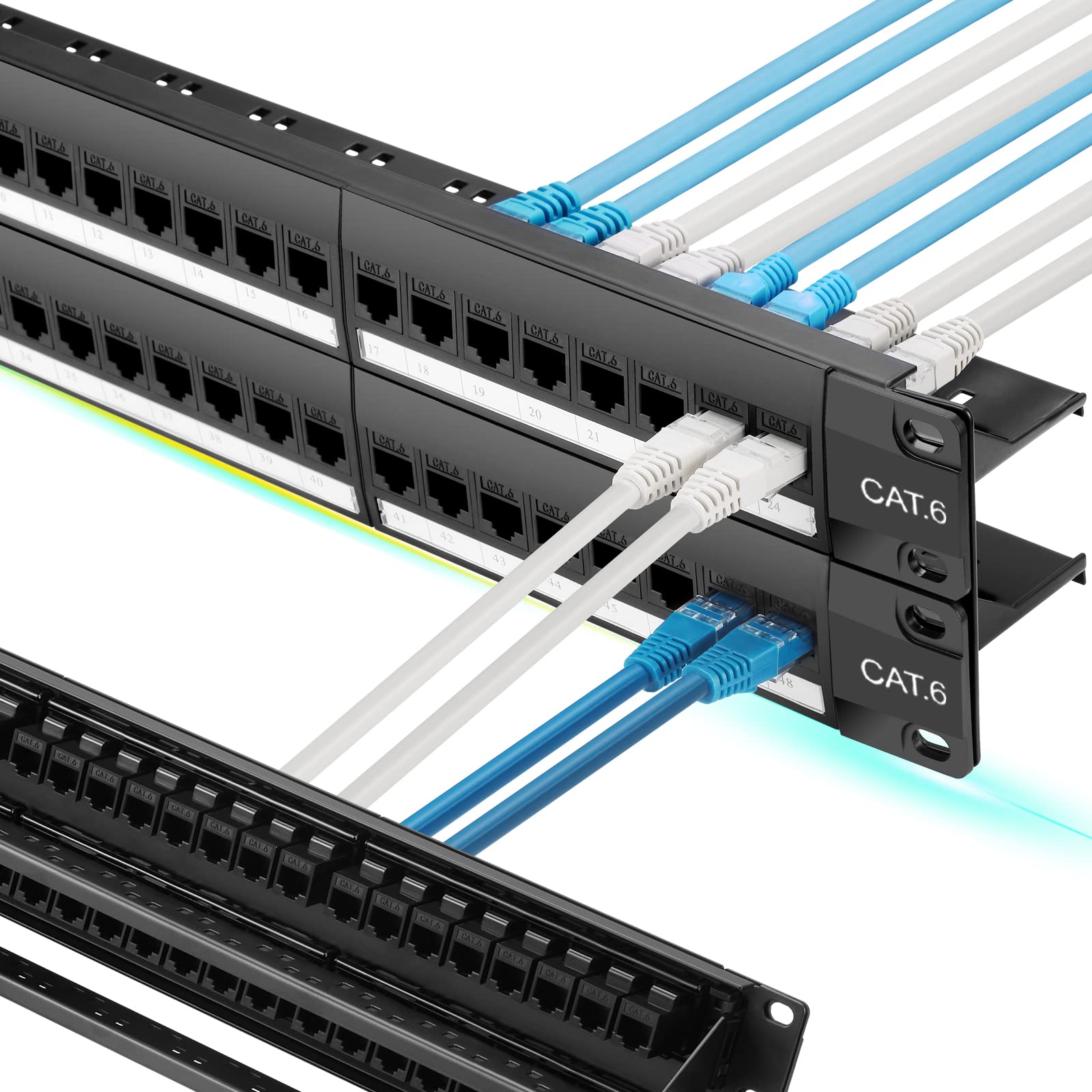 Rapink Patch Panel 48 Port Cat6 With Inline Keystone 10G Support, Pass Thru Coupler Patch Panel Utp 19 Inch With Removable Back Bar, 1U Network Patch Panel For Cat6, Cat5E, Cat5 Cabling