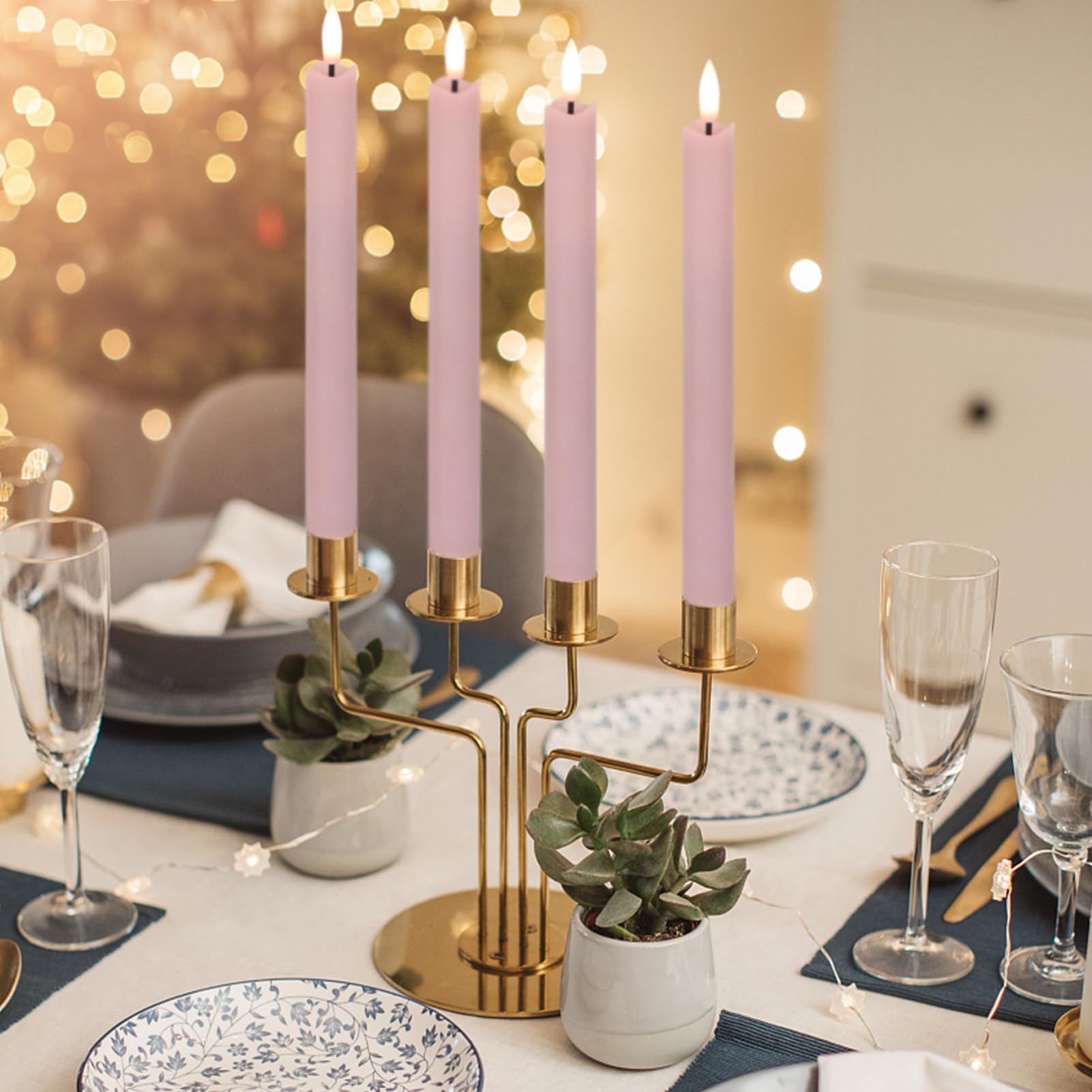 Genswin Flameless Pink Taper Candles Flickering With 10 Key Remote, Battery Operated Led Warm 3D Wick Light Window Candles Real