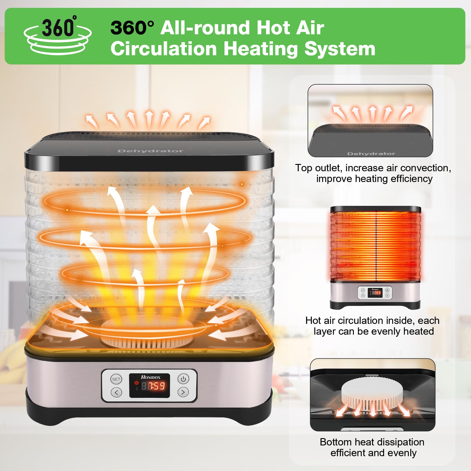 Homdox Food Dehydrator, 8 Bpa Free Trays Dehydrator For Food And Jerky With 72H Timer And Temperature Control, 400W Dehydrator For Fruit, Herbs, And Dog Treats, Fruit Roll Sheet Included