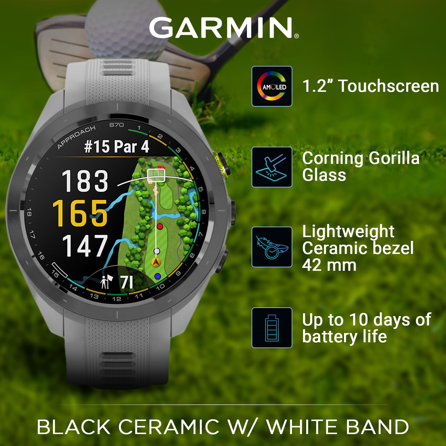 Wearable4U - Garmin Approach S70: Ceramic 42 Mm Golf Smartwatch|1.2 Amoled Display Up To 10 Days Battery Life, Multisport High-P