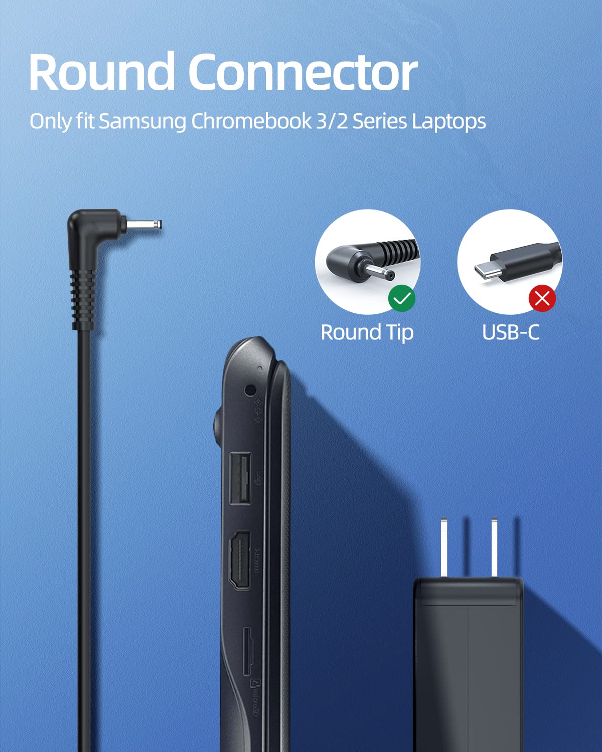 Charger For Samsung Chromebook Laptop (Ul Safety Certified), Chromebook 3,2 Xe500C13,Pa 1250 98,303C 500C 503C Xe303C12 Xe501C13 Xe500C12 Xe503C12 Xe503C32 Ac Adapter 26W 12V 2.2A Round Connector