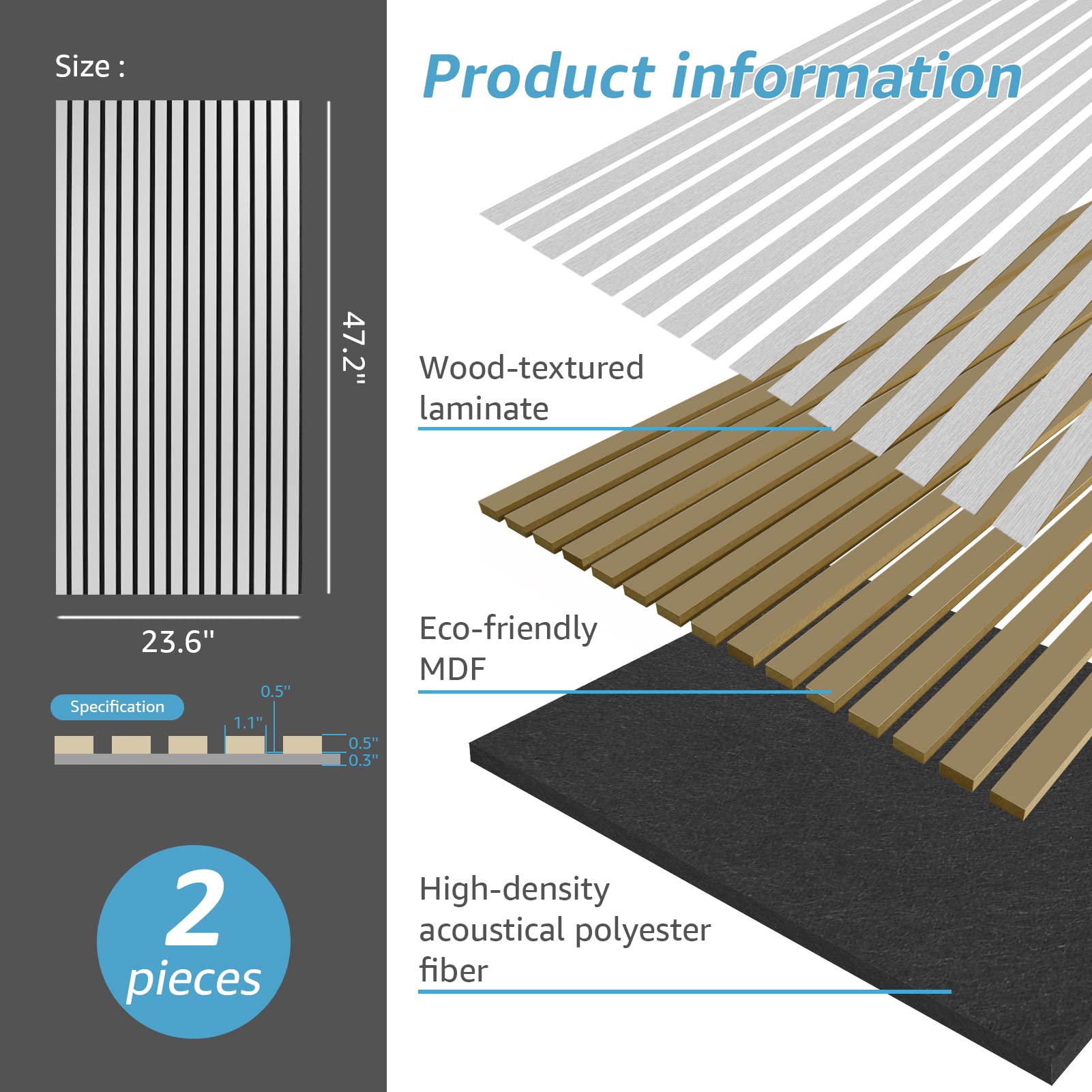 Art3D 2 Wood Slat Acoustic Panels For Wall And Ceiling   3D Fluted Sound Absorbing Panel With Wood Finish   Brushed Silver