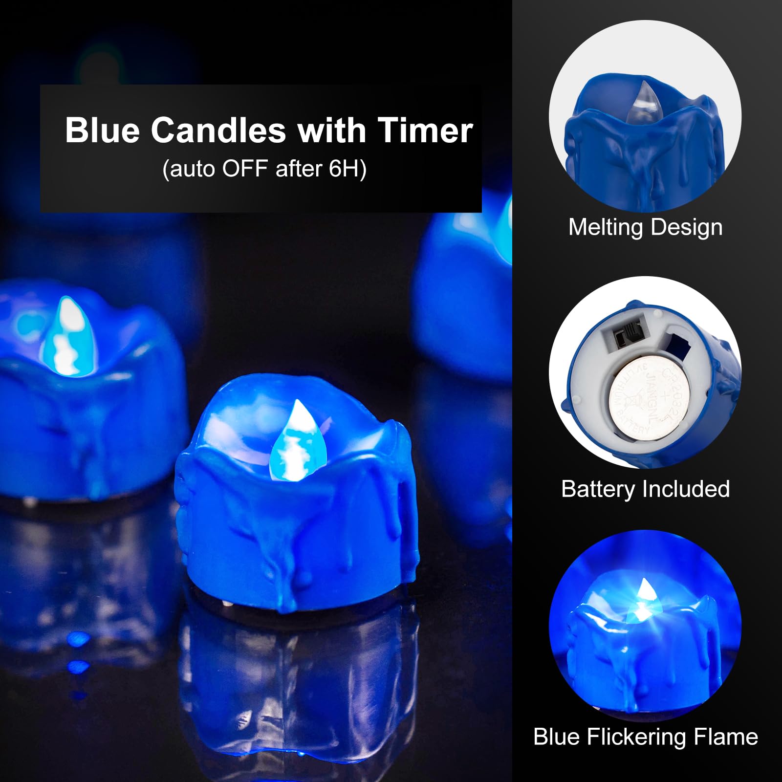 Windshell Blue Flickering Flame Tealight Candles With Timer, Melting Design (Plastic), Battery Operated Led Flameless Royal Blue