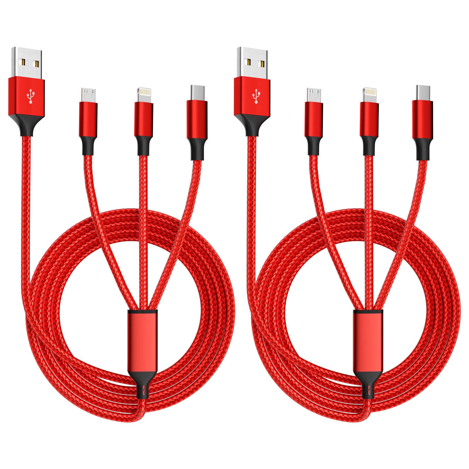 Multi Charging Cable, (2 Pack 4Ft) Multi Usb Charger Cable 3 In 1 Charging Cable Nylon Braided Fast Charging Cord With Type C, Micro Usb, Ip Port For Most Phones/Iphones/Tablets, Red