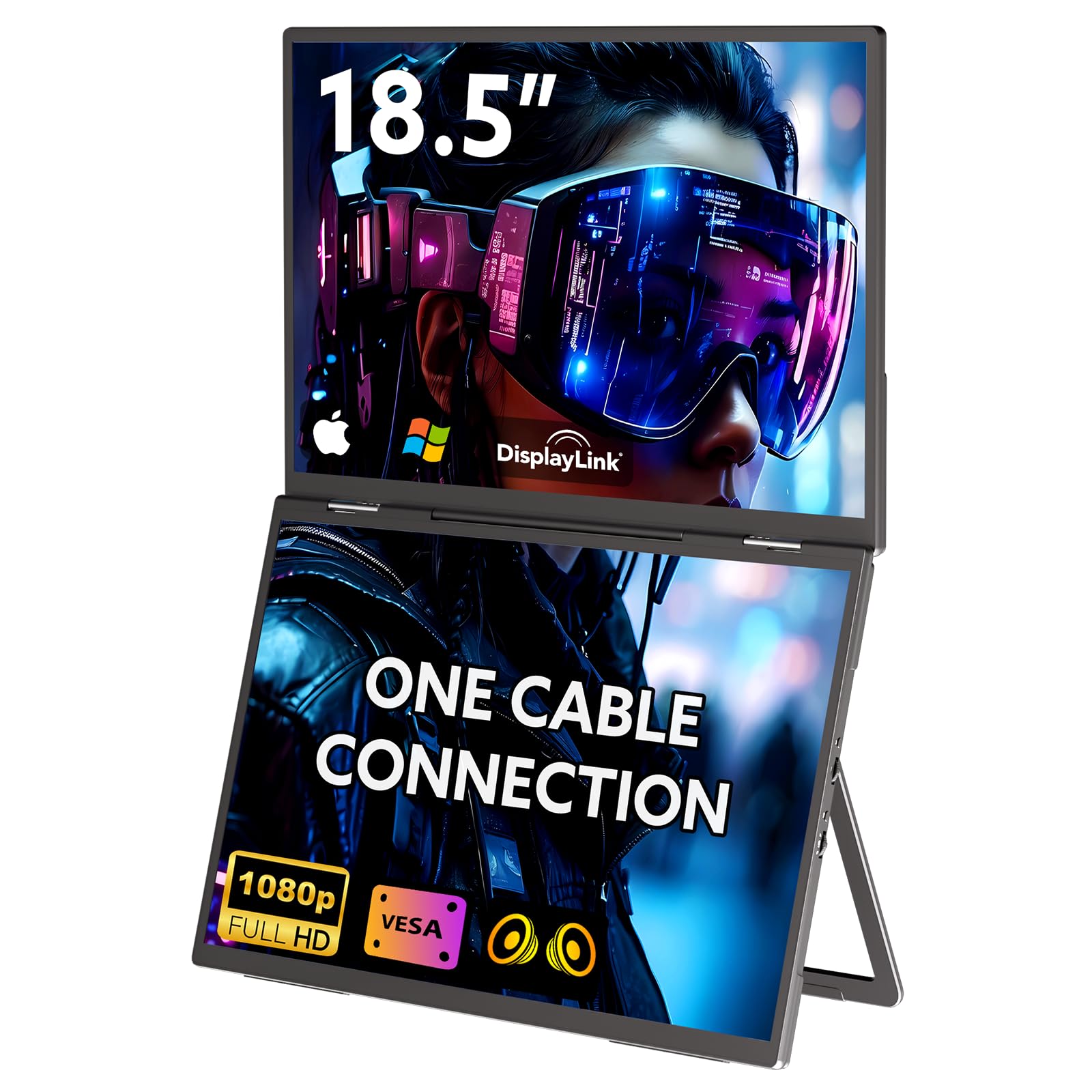 18.5 Portable Dual Monitor, One Cable Laptop Screen Extender, FHD 1080P 100Hz Type-C USB-A HDMI, Folding Stacked Triple Monito