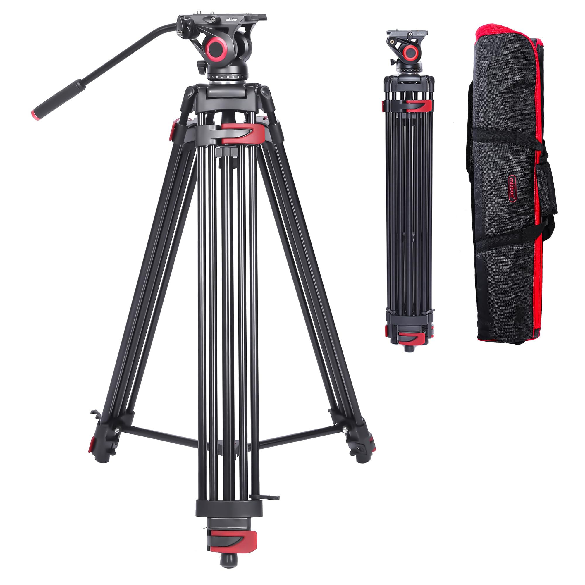MILIBOO mtt602II-a Upgraded Camera Tripod Fluid Head Tripods for Camera, Max Working Height 76.4 inches, Max Load 22lbs, Max Tub