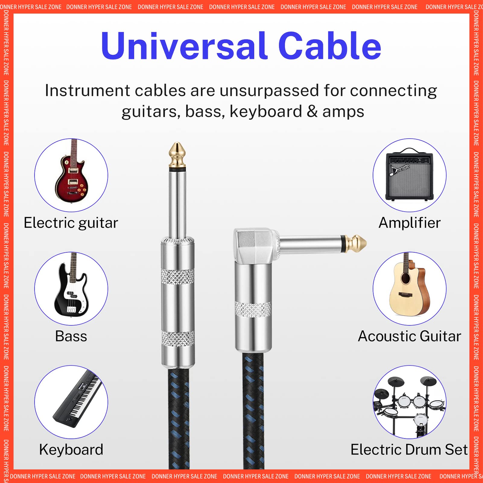 Donner Guitar Cable 10 Ft, Premium Electric Instrument Bass Cable Amp Cord 1/4 Right Angle To Straight Black Blue