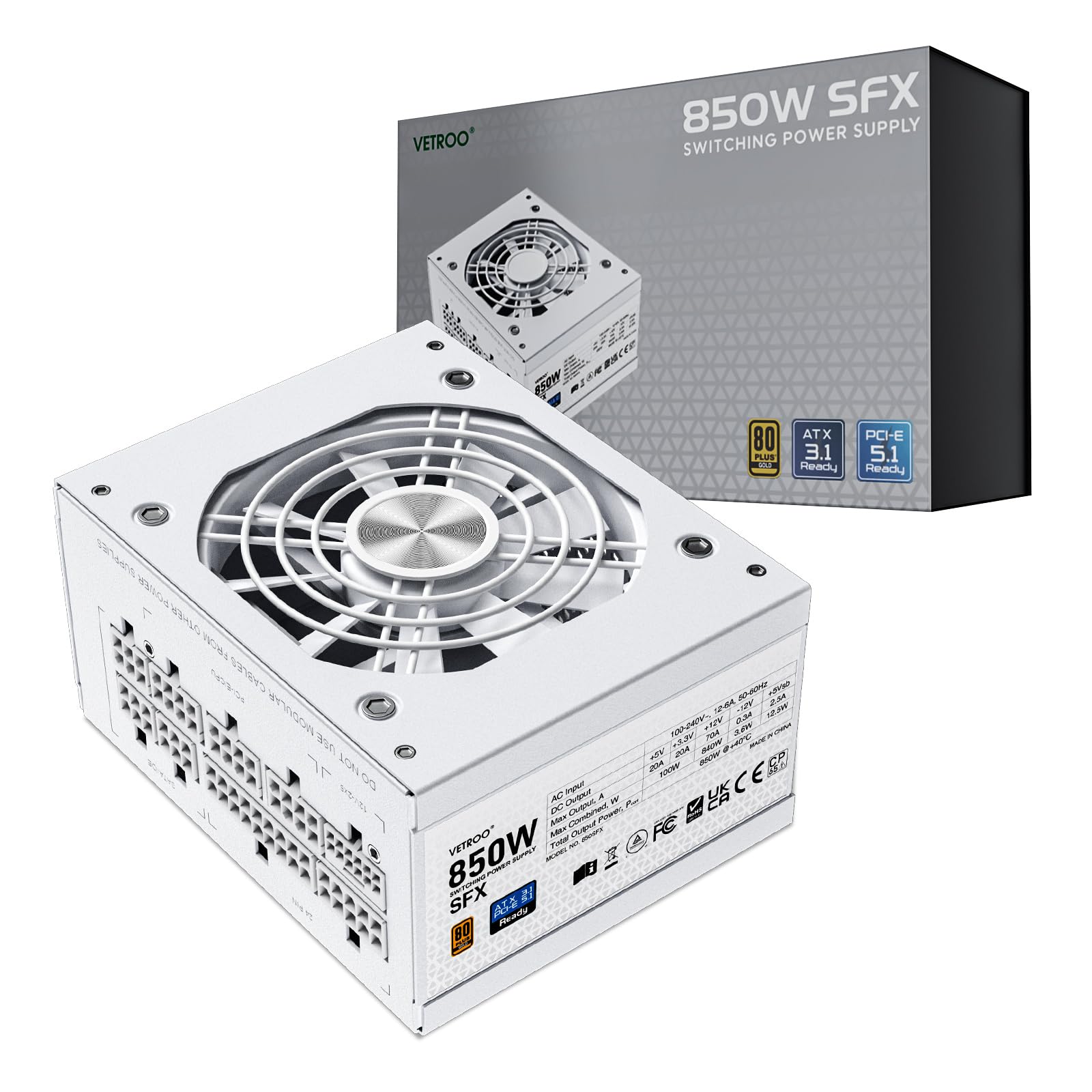 Vetroo 850W SFX Power Supply ATX 3.1 & PCIE 5.1 Ready, 80 Plus Gold Certificate Fully Modular, 90mm FDB Fan for Low-Noise Operat