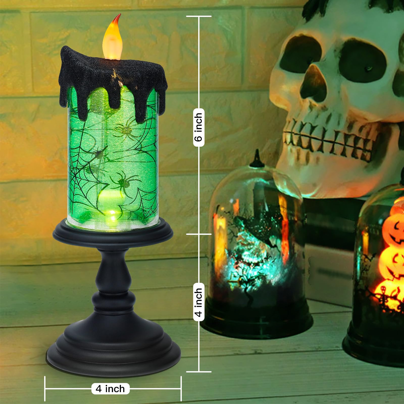 Aomil Halloween Snow Globe Candles Lighted Lamp, Lighted Flameless Candles With Water Glitter Swirls And Spooky Moving,Battery O