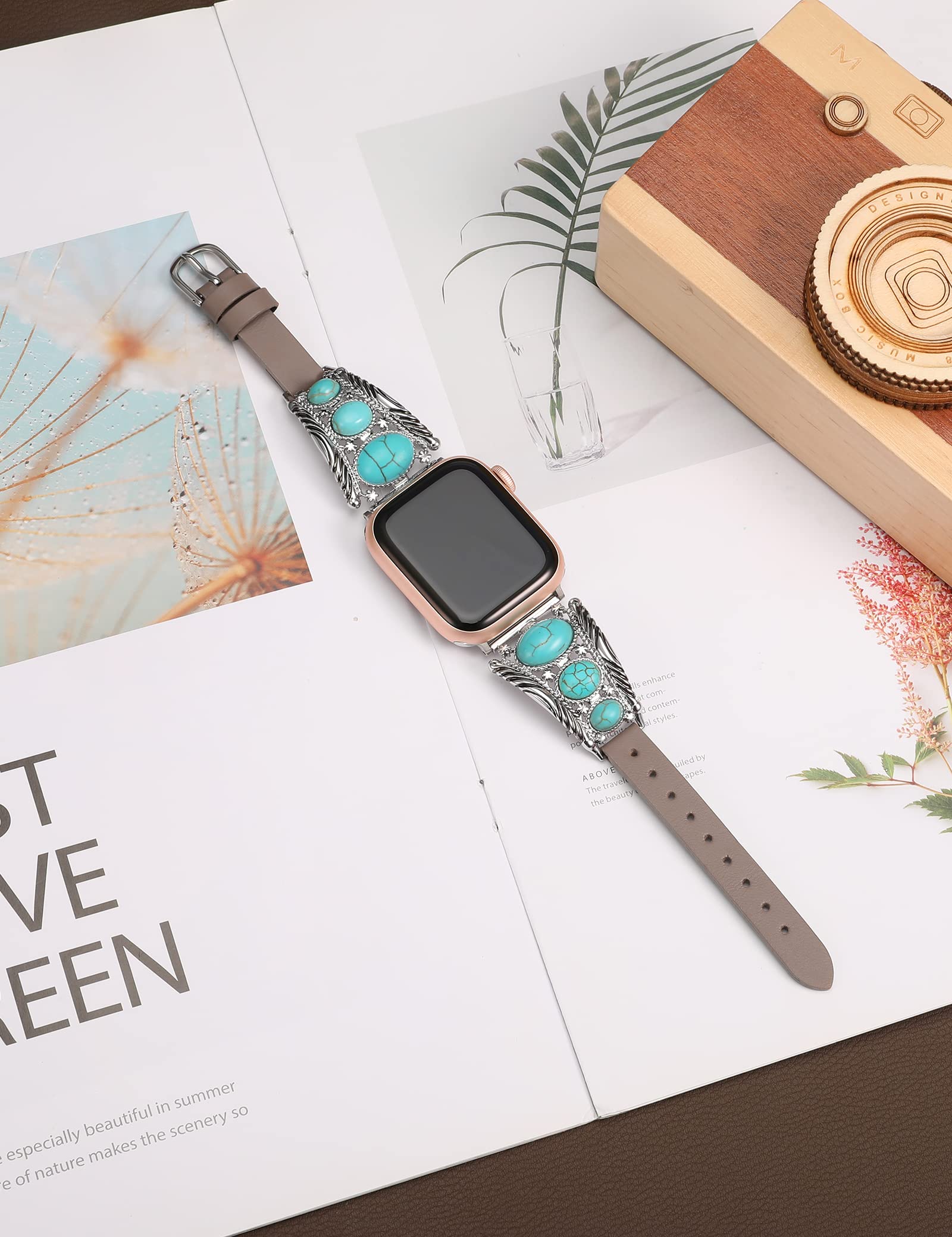 Minyee Leather Band Compatible With Apple Watch Band Women 38/40/41/42/44/45/49Mm, Turquoise Western Vintage Boho Ethnic Antique