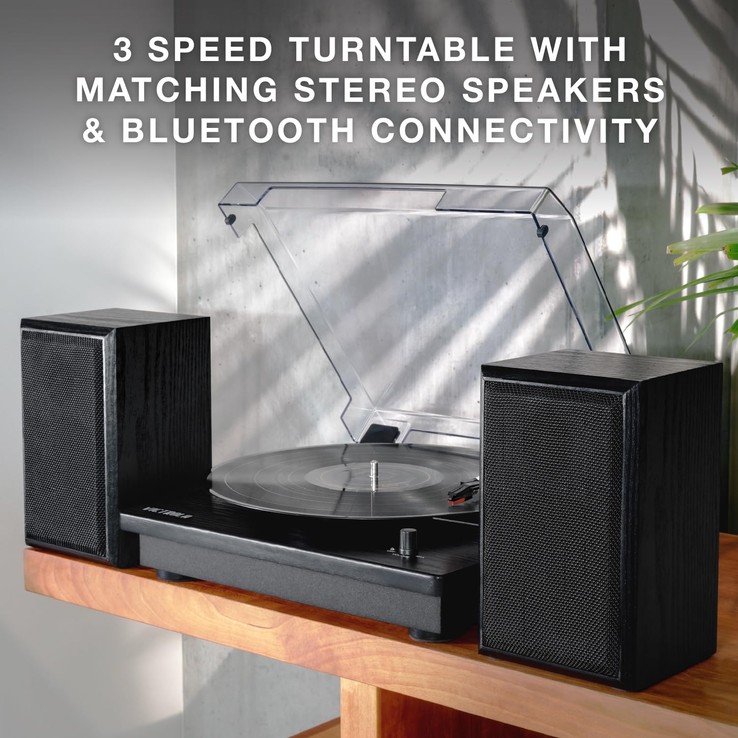 Victrola Montauk Vinyl Record Player, Black Wood Finish, 3 Speed Belt Driven Turntable With Stereo Bluetooth Speaker Pair, Rca O