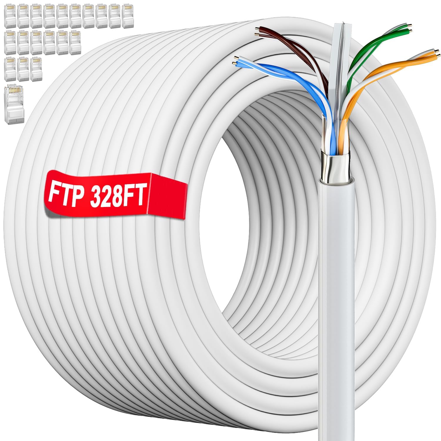 Cat 6 Outdoor Ethernet Cable Bulk 328Ft With 20 Rj45 Connectors, Cat 6 Shielded Cable 23Awg, Direct Burial, Poe, Waterproof, Uv