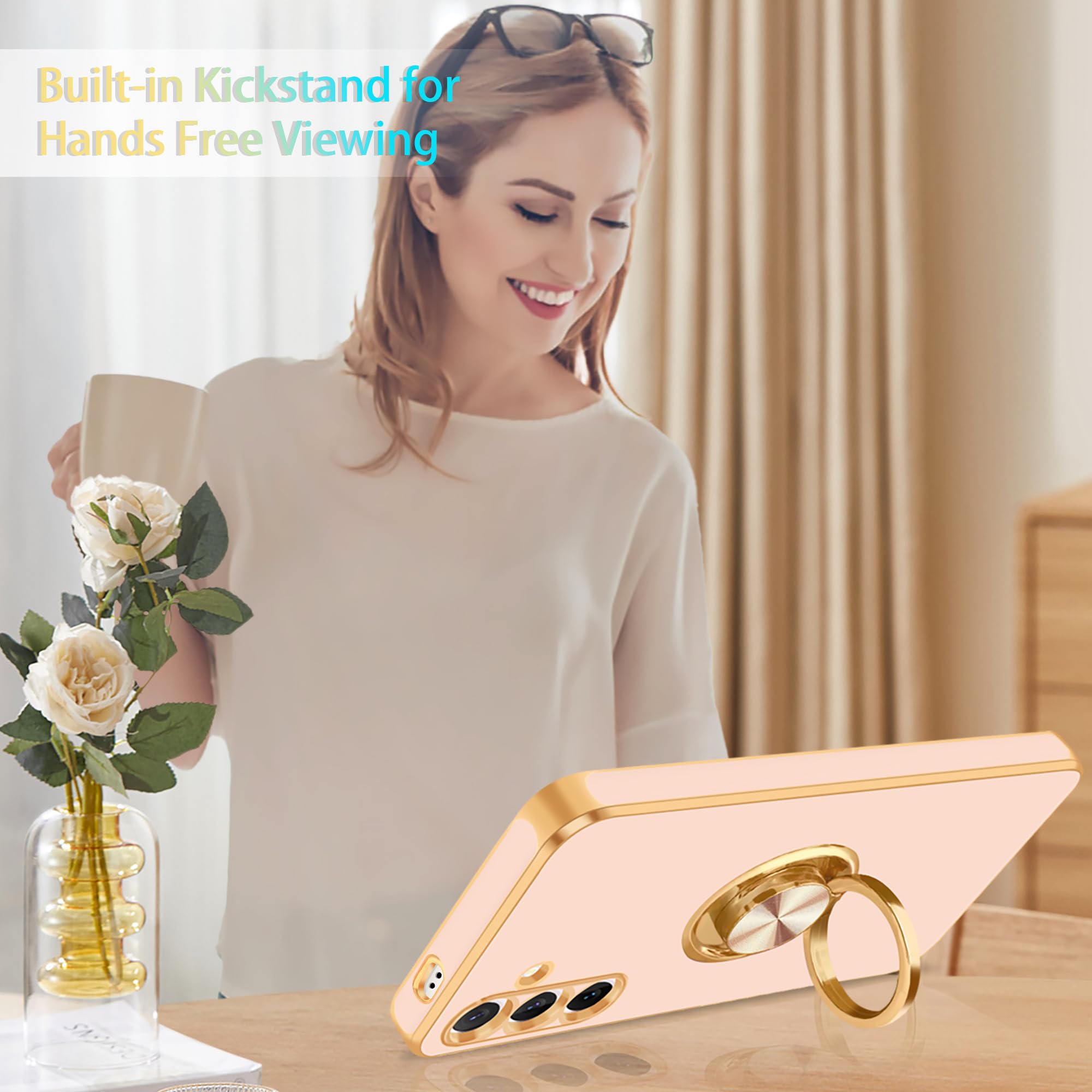 Fingic For Samsung S24 Case[With 360 Ring Holder][Support Magnetic Car Mount]Cute Kickstand Slim For Women Girls Nonslip Soft Tp