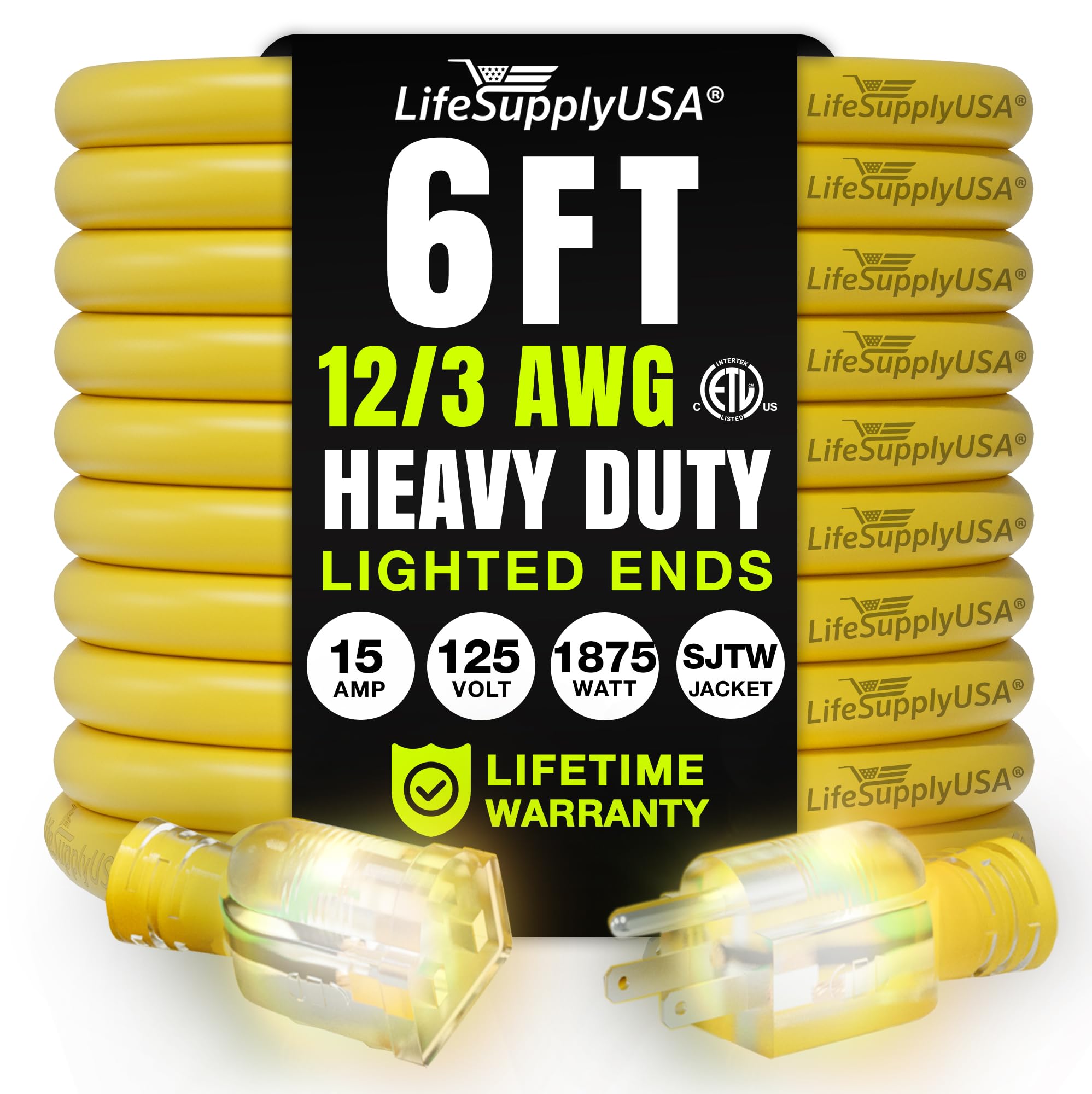 6Ft Power Outdoor Extension Cord & Indoor   Waterproof Electric Drop Cord Cable   3 Prong Sjtw, 12 Gauge, 15 Amp, 125 Volts, 187