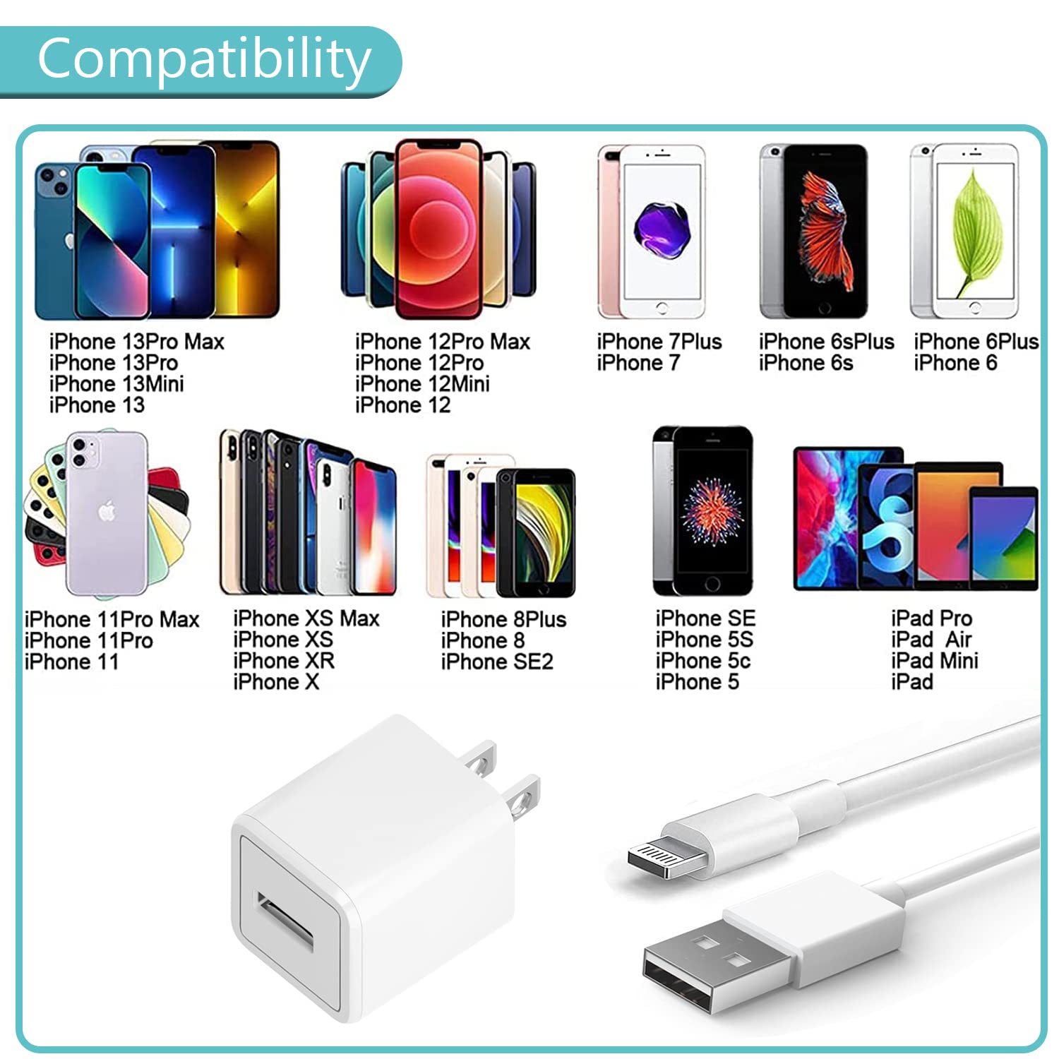 Quigg Cube Iphone Charger [Mfi Certified] 2Pack 6Ft Lightning Cable Fast Charging Cord Usb Wall Chargers Block Travel Plug Adapt