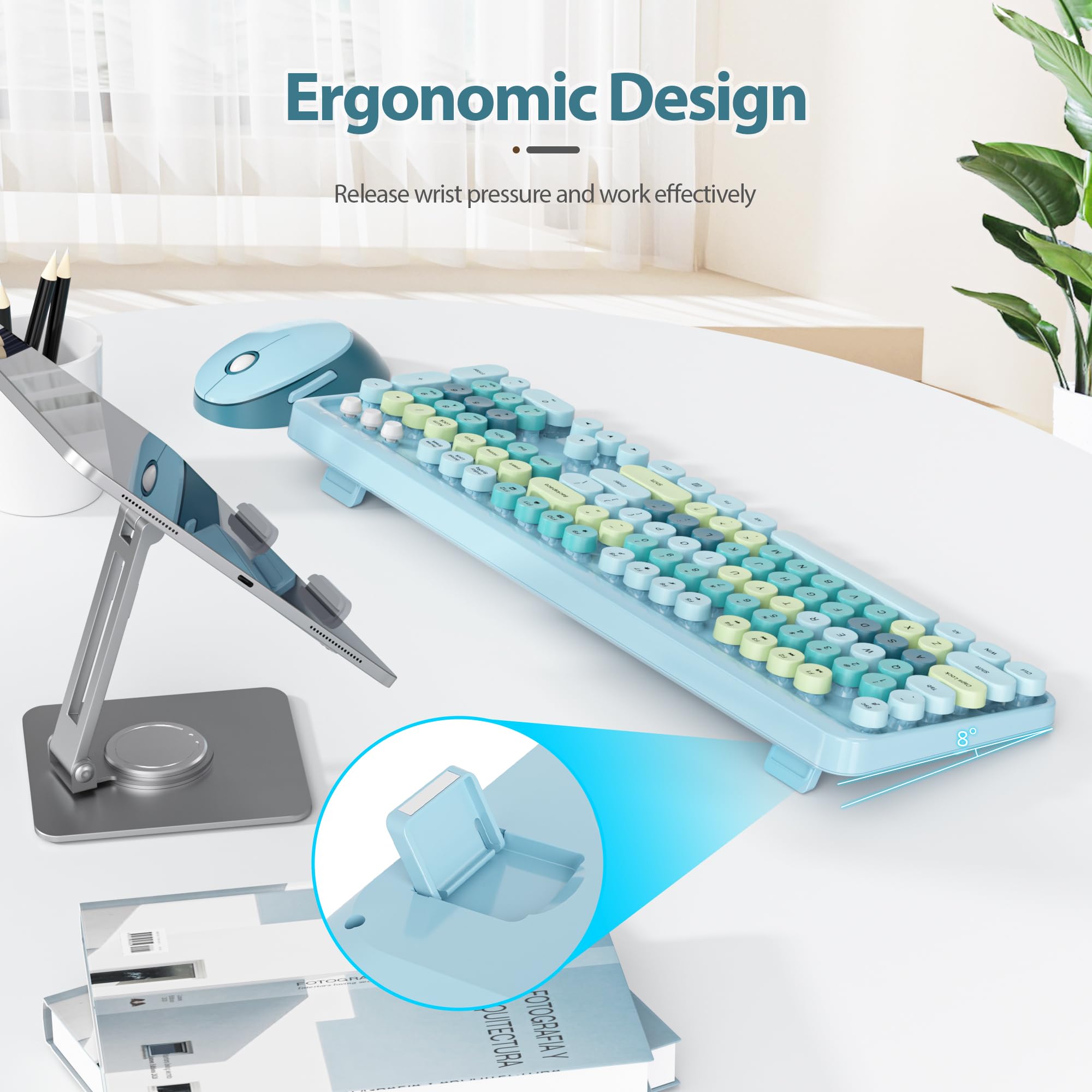 Fogruaden Blue Keyboard And Mouse Wireless, Retro Typewriter Keyboard, 2.4Ghz 104 Keys Full Size Cute Keyboard With Number Pad,
