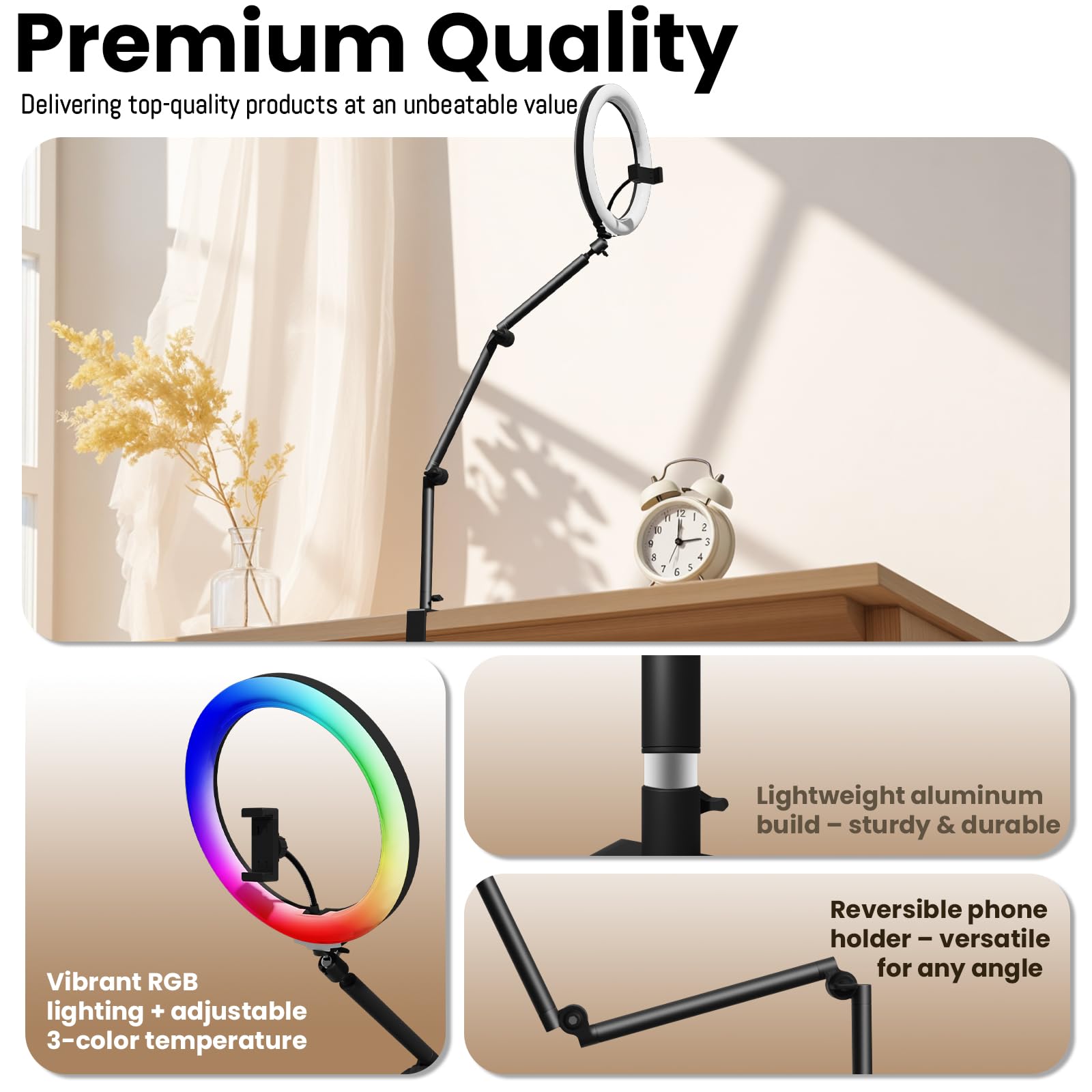 Desk Ring Light With Overhead Camera Mount, 12'' Selfie Rbg Led Lighting With Phone Holder For Video Recording, Tiktok, Streamin