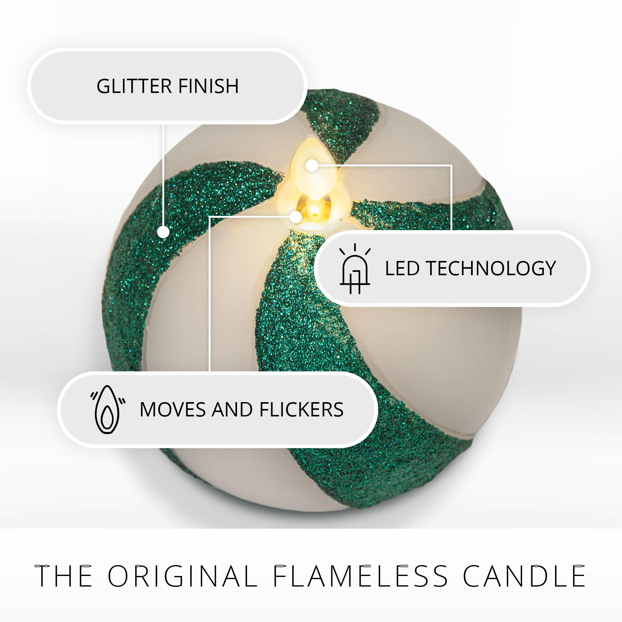 Luminara   Flameless Holiday Crystal Beads Glitter Sphere Candle   Candy Cane Green  Pack Of 1 4X4.25   Auto Timer Built In 5 Ho