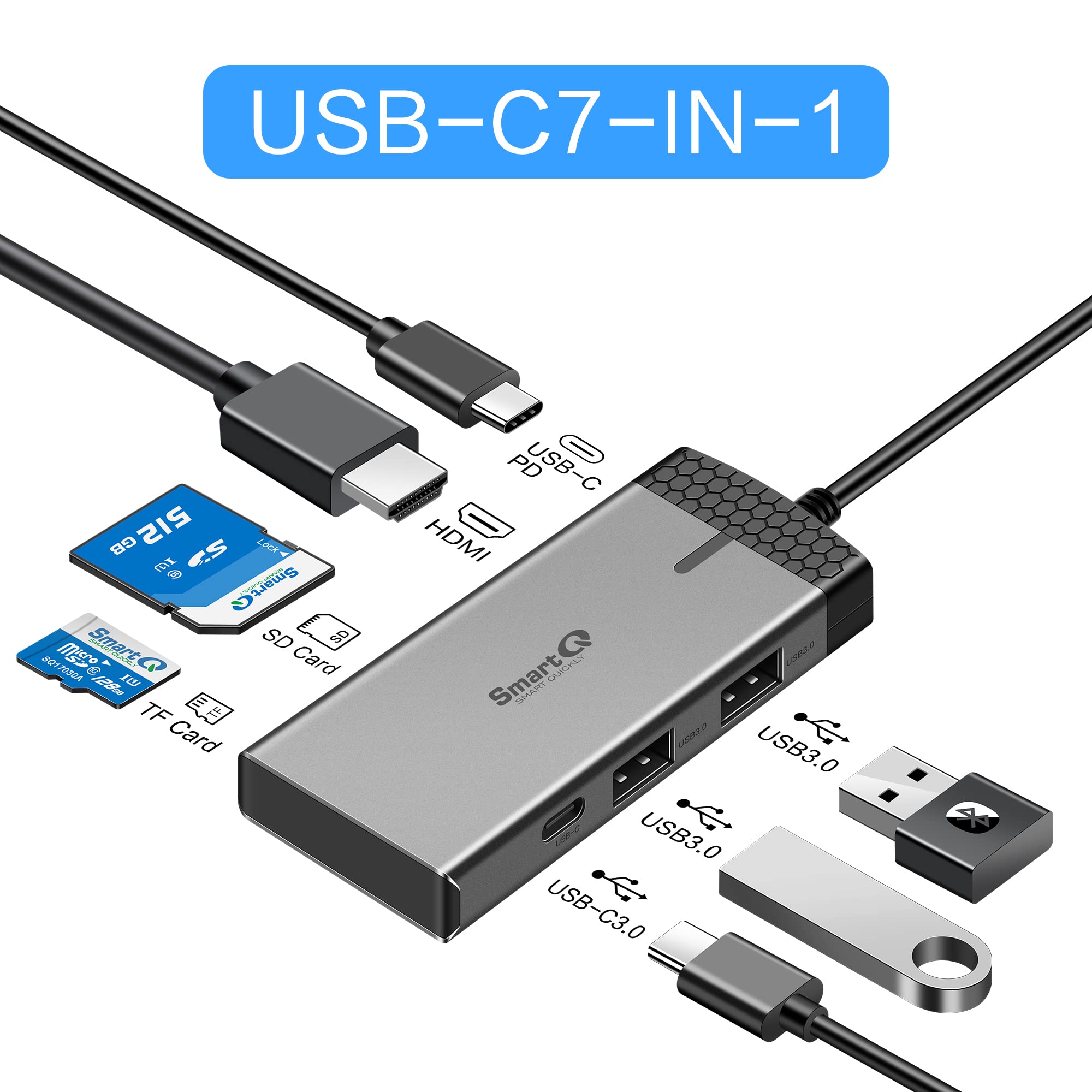 Smartq H352 Usb C Hub, 7 In 1 Usb C Hub With 4K Hdmi, 100W Pd, Usb C, 2 Usb A 5Gbps, Microsd/Sd Card Reader, For Macbook Air/Pro