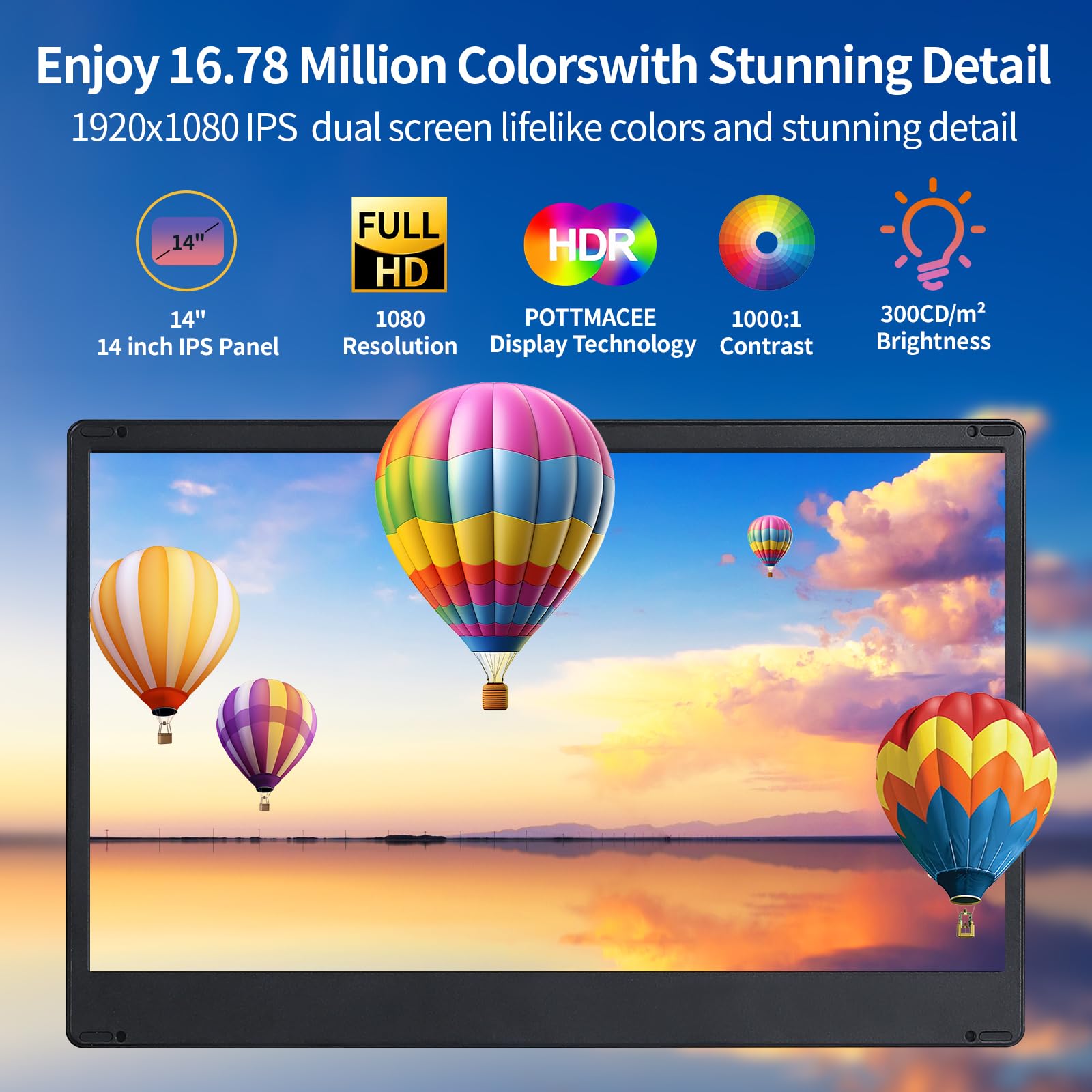 Pottmacee Laptop Screen Extender, 14'' Laptop Monitor Extender, Plug & Play/360 Rotation/Detachable, Portable Dual Monitor With