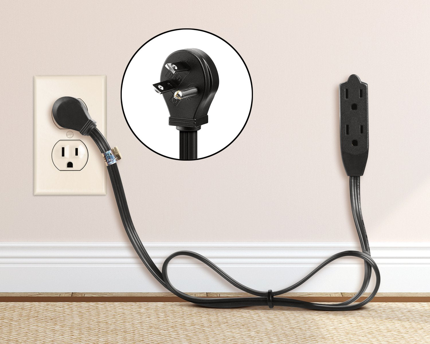 Maximm Cable 3 Feet Flat Plug Extension Cord/Wire, Multi Outlet   3 Prong Angled Plug Extension Cord   Black Ul Certified