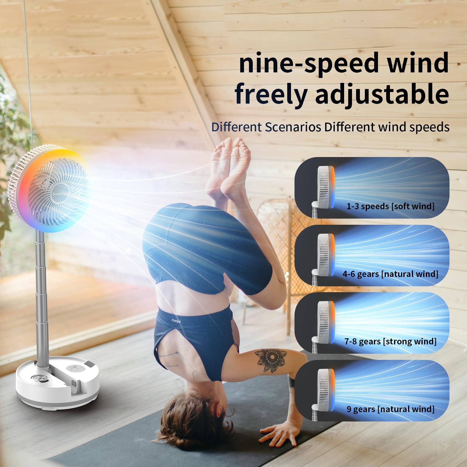 Socool 40000Mah Battery Operated Foldable Fan,Rechargeable Standing Fan, Remote Control & Colorful Light, Oscillating Telescopic