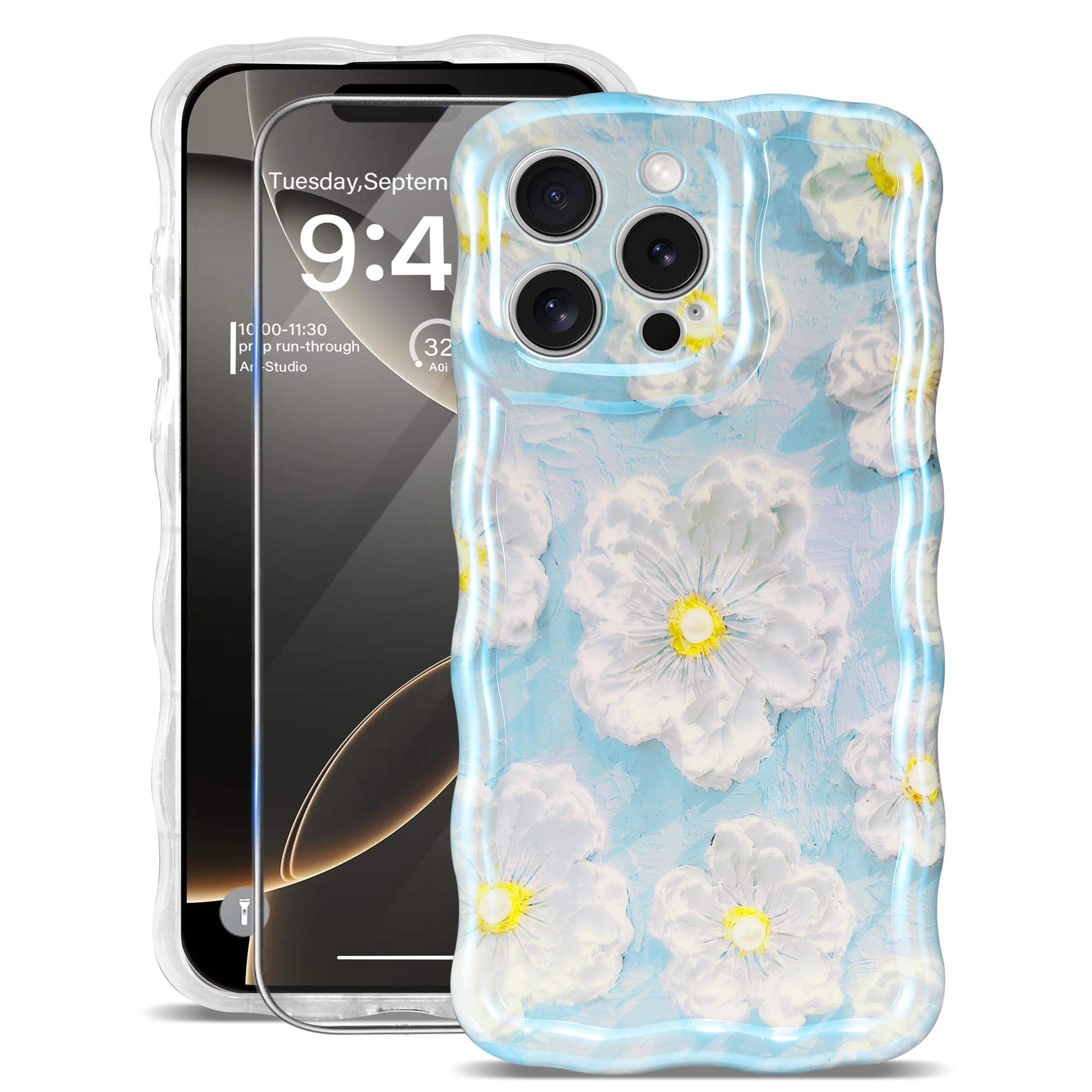 Sheheme For Iphone 14 Pro Max Case [With 9H Screen Protectors] Wave Bumper Colorful Oil Painting Flowers Print Blue Glossy Soft