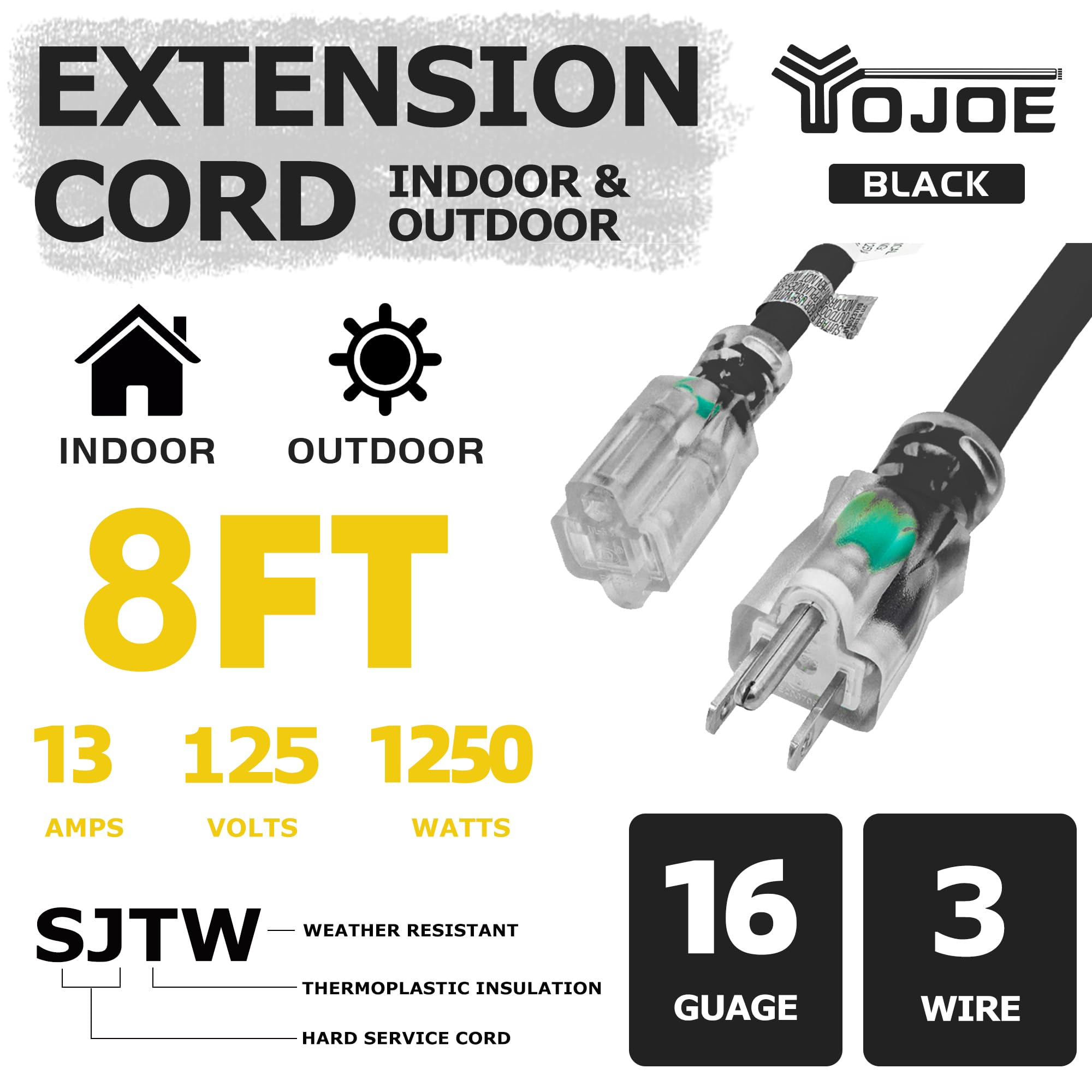 Yojoe Indoor Outdoor Extension Cord With Lighted End, 3 Prong 13A Weatherproof Power Extension Cord, 16 Gauge Heavy Duty 8 Ft Bl