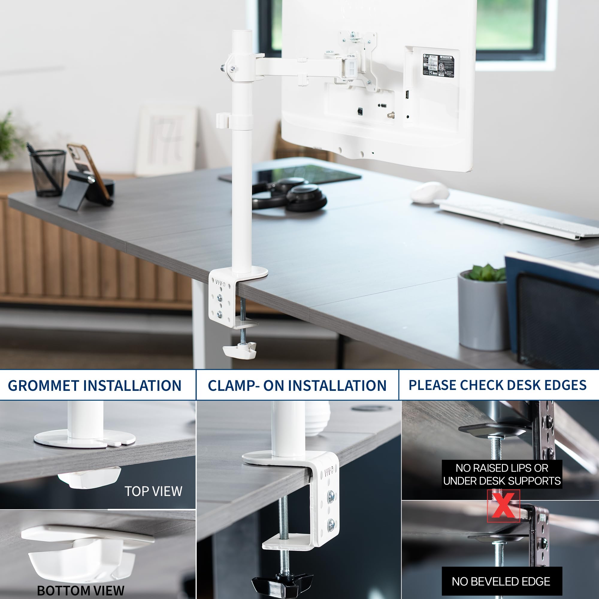VIVO Single Monitor Arm Desk Mount, Holds Screens up to 32 inch Regular and 38 inch Ultrawide, Fully Adjustable Stand with C Clamp and Grommet Base, VESA 75x75mm or 100x100mm, White, STAND V001W