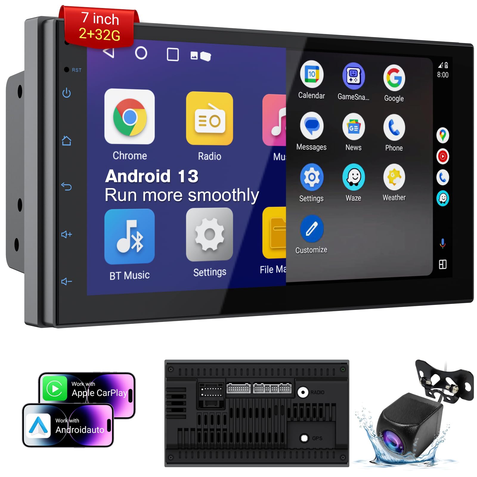 Haudio 7 Inch Double Din Car Stereo with Wireless Apple CarPlay & Android Auto, 2+32G Android 13 Car Radio, Bluetooth, GPS Navig