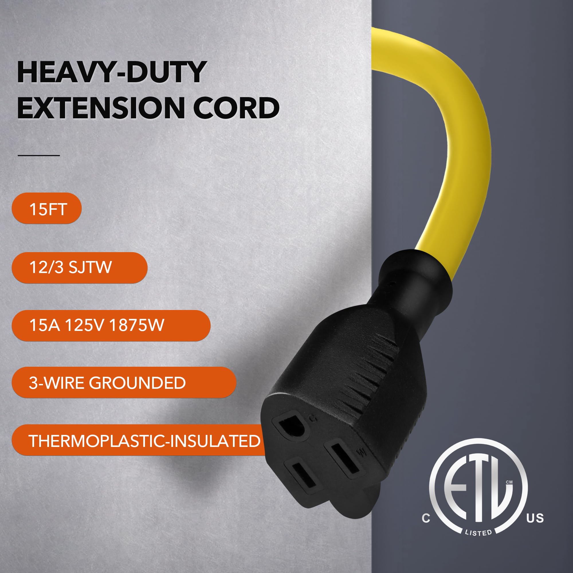 Bn Link 15Ft Outdoor Extension Cord, 12/3 Sjtw Heavy Duty Power Cord, 3 Prong Grounded Plug, Weather Resistant, 15A, 1875W, Yell