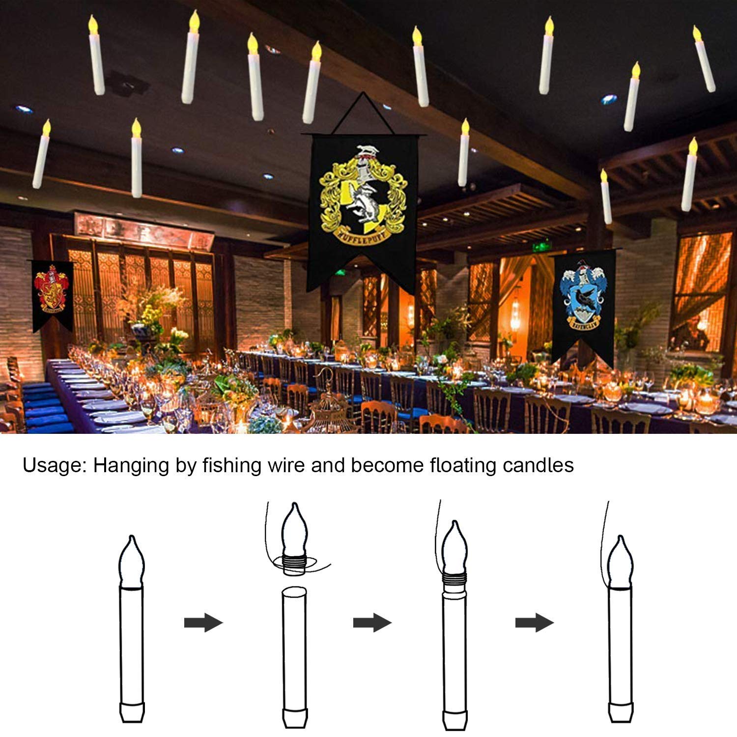 Homemory 24 Pcs Hanging Floating Candles, No Remote, Flameless Taper Candles Battery Operated, 6.5'' Warm Yellow Flickering Flam