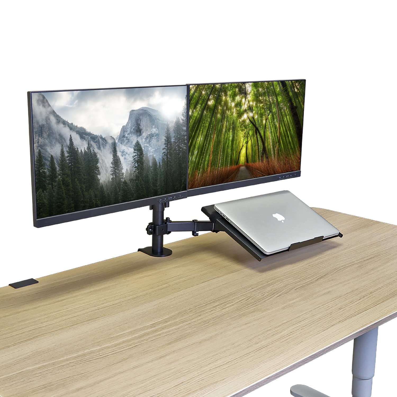 Aeons Dual Monitor And Laptop Desk Mount Combo Stand With Notebook Tray Fits 17 Inch, 3 In 1 Adjustable Triple Arm Mount Fits 27 Inch Lcd Screen With Vesa, Clamp And Cable Management, Black