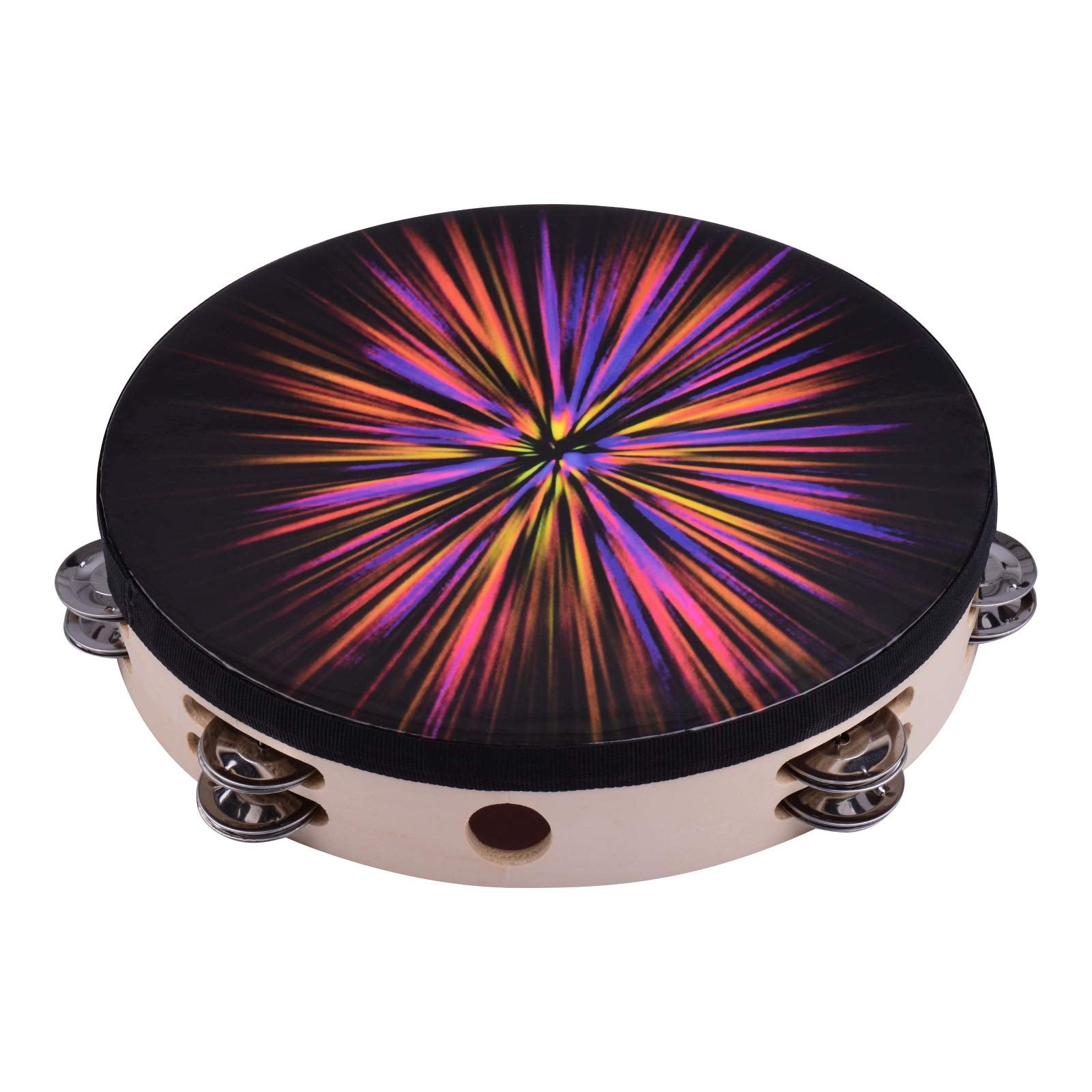 EXCLUZO 10 Inch Wooden iant Tambourine Han ell Hand Drum with Single Row Jingles Reflective Drum Head Percussion Instrument Musi
