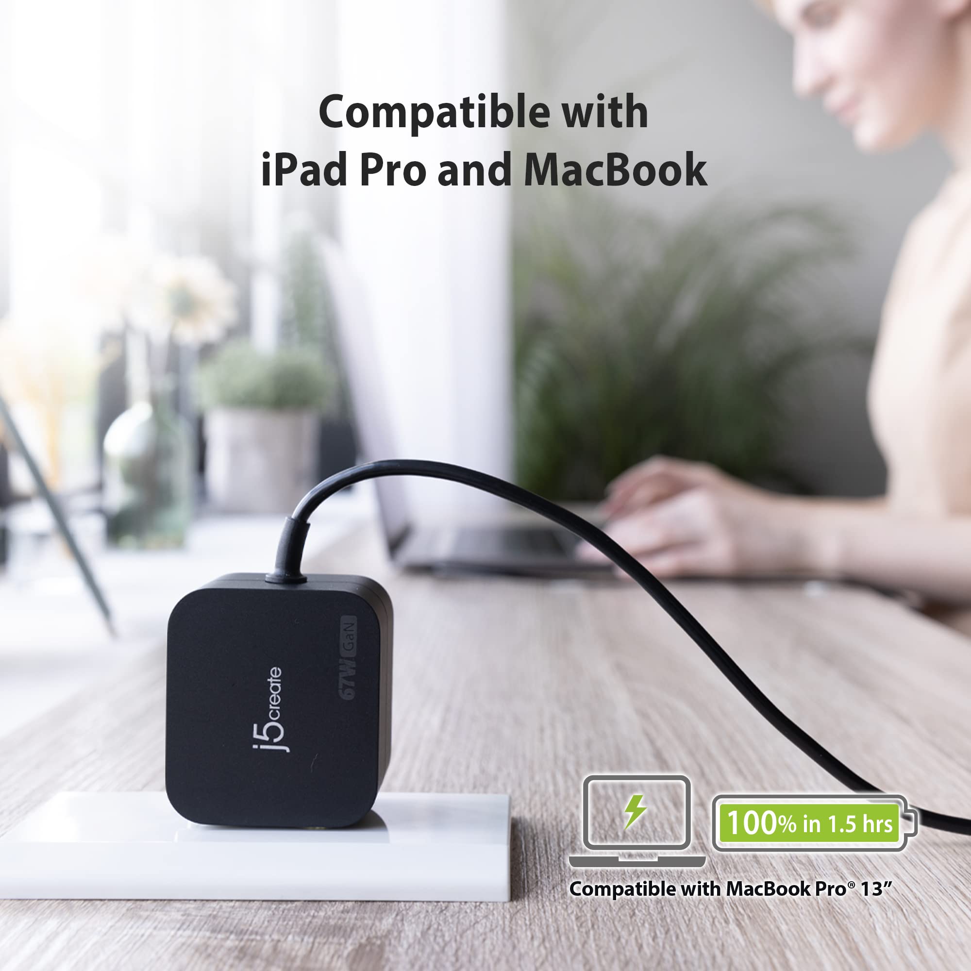 J5Create 65W Gan Pd Usb-C Foldable Mini Charger With Hp Dc Converter, Suitable For Macbook Pro/Air M2/M1, Dell Xps, Hp, Ipad Pro