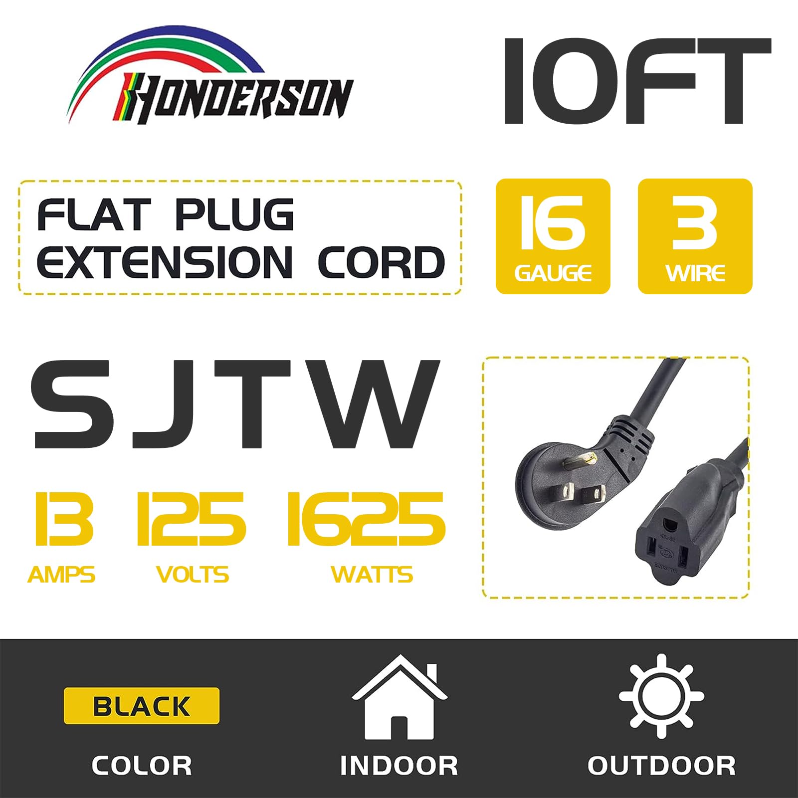 Honderson Flat Plug Indoor Extension Cord, Ul Listed, 16 Gauge 10Ft Black 3 Prong Heavy Duty Extension Cord, 16/3 Sjtw 13A Power