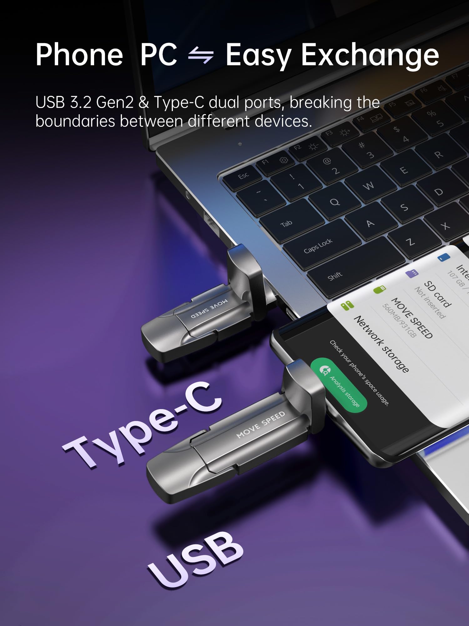 MOVE SPEED 2TB External SSD, 1000MB/s USB 3.2 Type C, Gold, Vpro Series, Portable Thumb Drive for iPhone/MacBook/Android