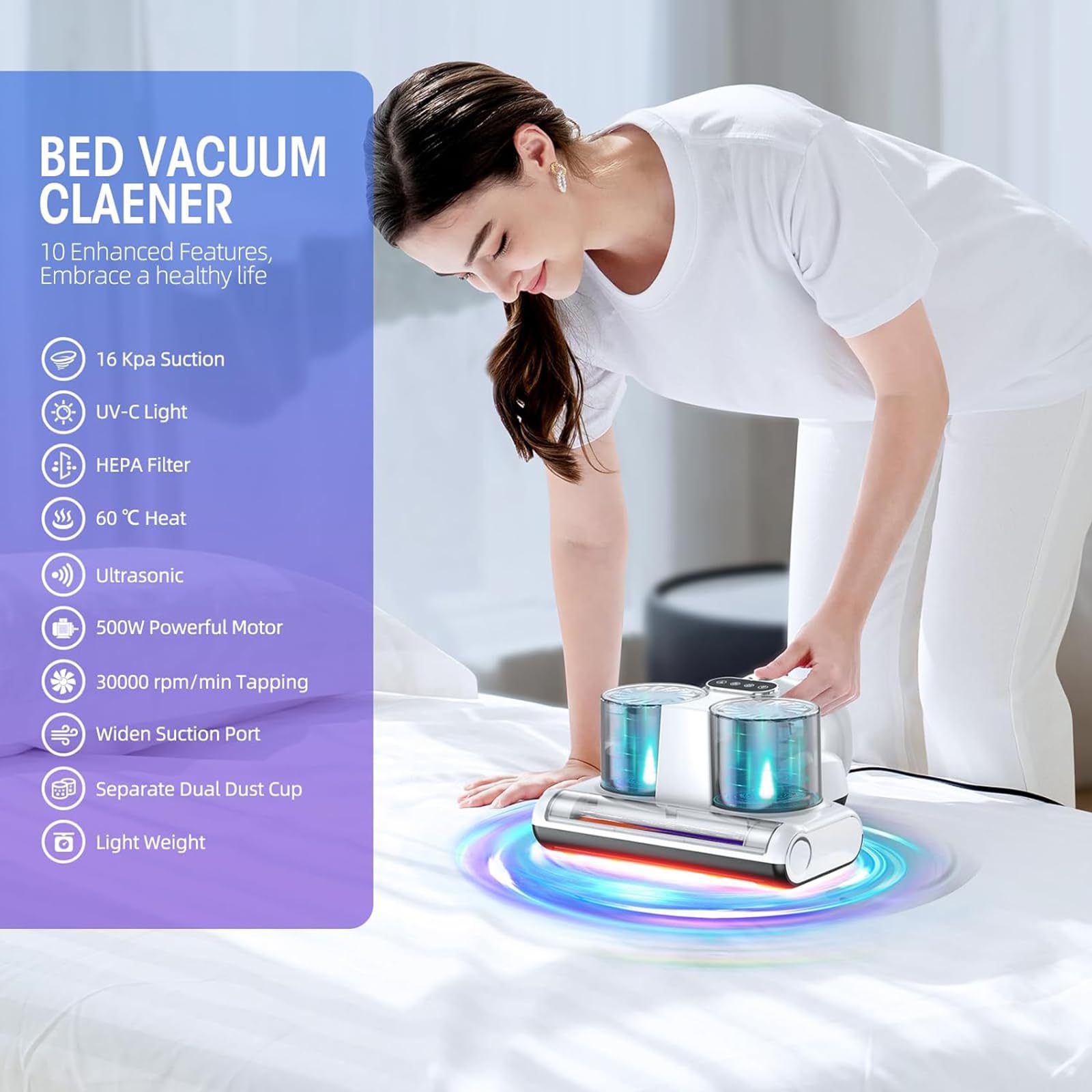 Bed Vacuum Cleaner Mattress Vacuum With Uv 16Kpa Suction Hepa Filter 253.7Nm Uv C Light & 30000 Rpm/Min Brushroll Rotation & Hea