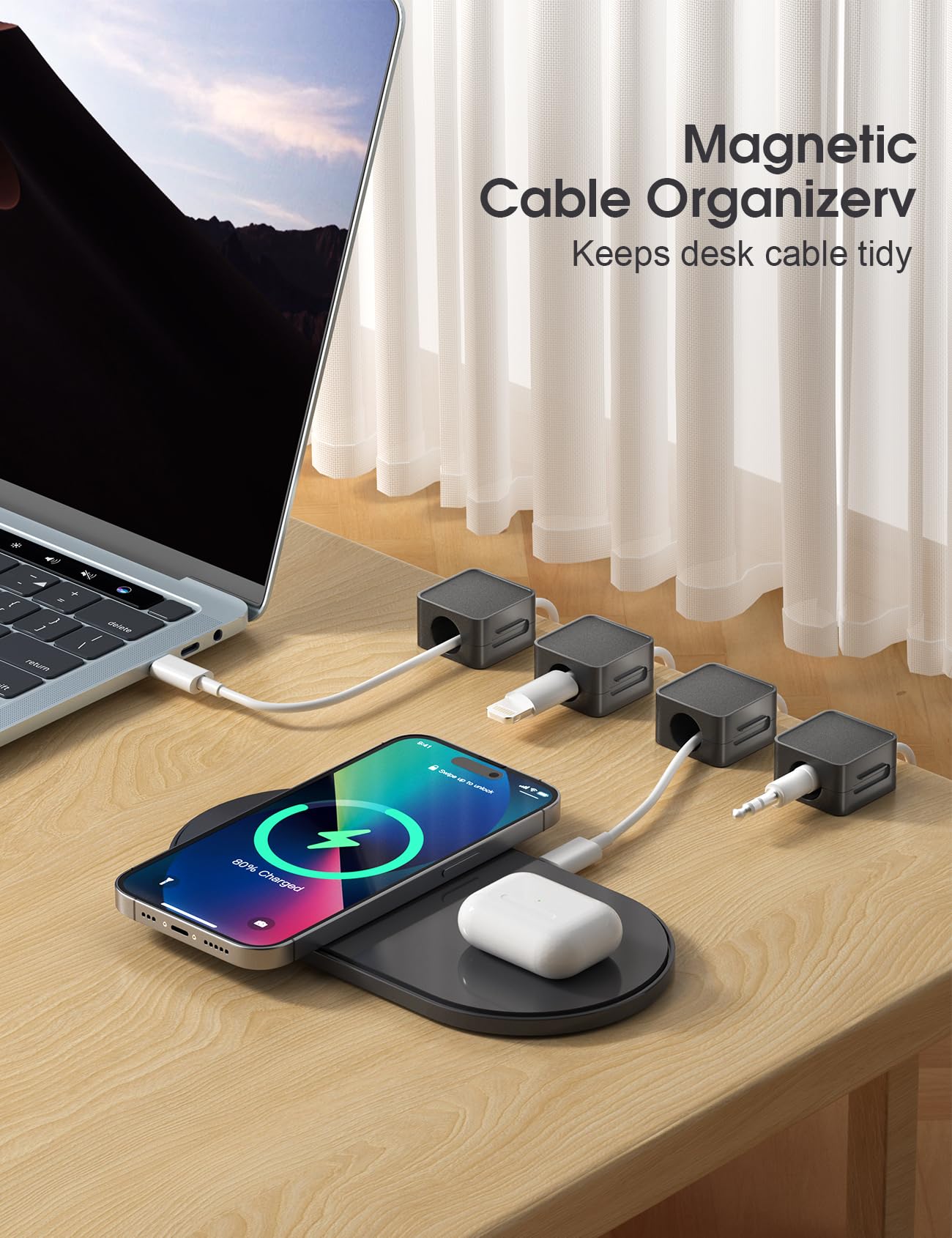 8 Pack Magnetic Cable Clips,Premium Cord Holder For Nightstand,Cord Organizer For Desk,20 Pack Plus 1 Roll Of Cable Ties Reusabl