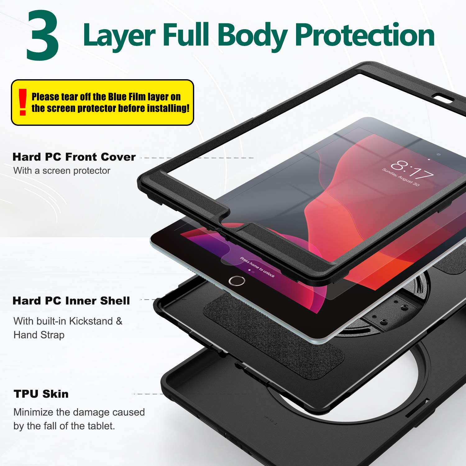 Batyue Ipad 9Th/ 8Th/ 7Th Generation Case (Ipad 10.2 Inch Case 2021/2020/2019) With Screen Protector, Rotating Stand/Hand Strap/