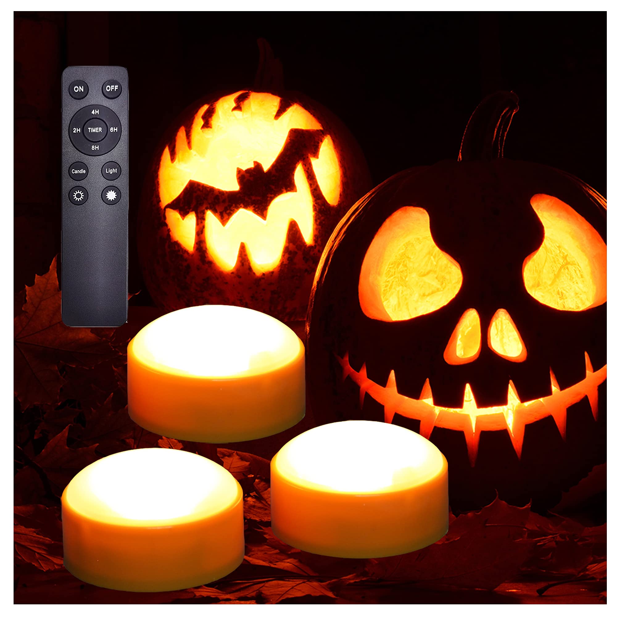 Izan 3 Pack Battery Operated Led Pumpkin Lights With Remote And Timer, Bright Flickering Flameless Candle Set For Pumpkin D  Cor