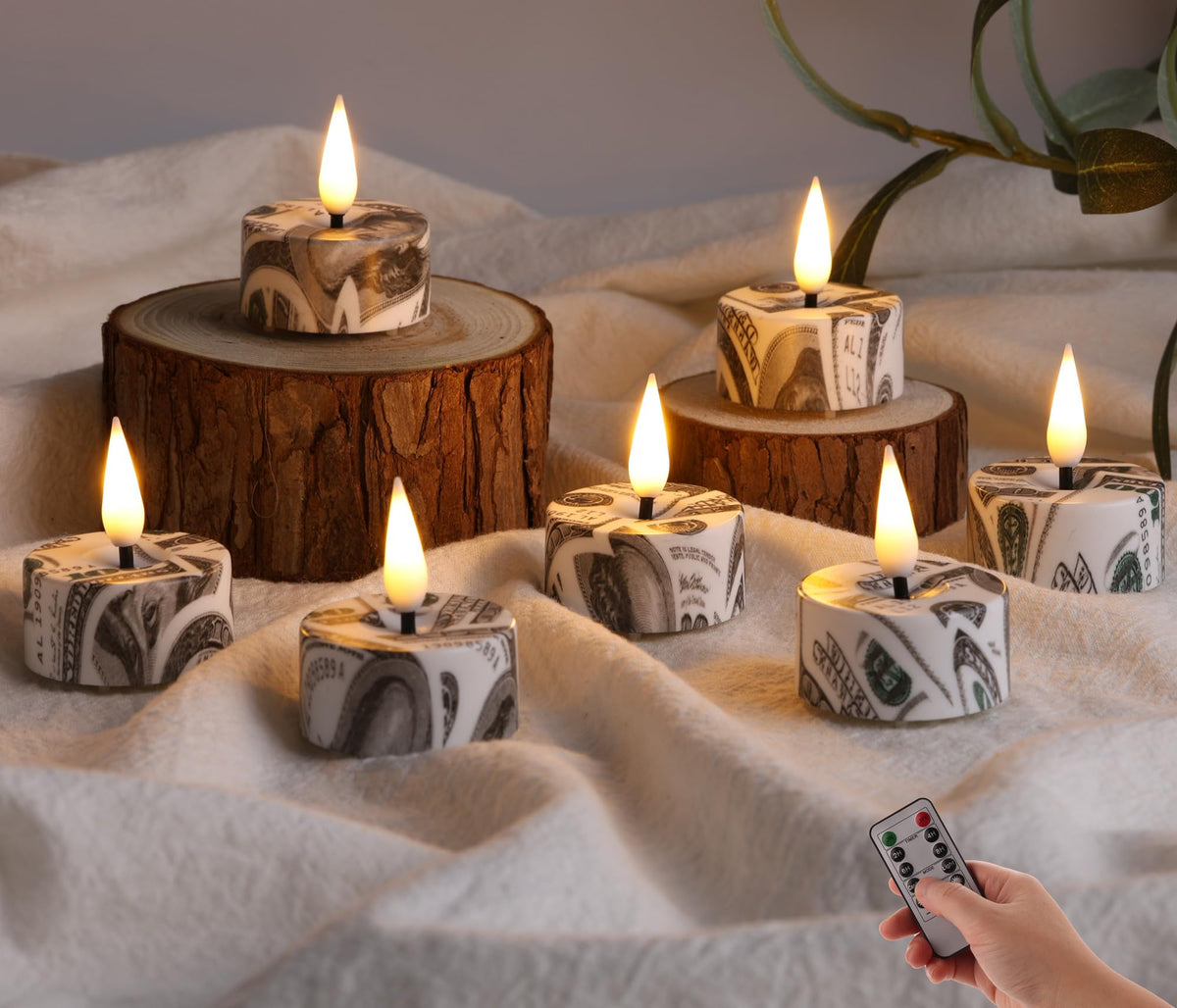 Eywamage Us Dollar Pattern Flameless Tealights With Remote Batterie, Flickering Plastic Led Tea Votive Candles Set Of 12