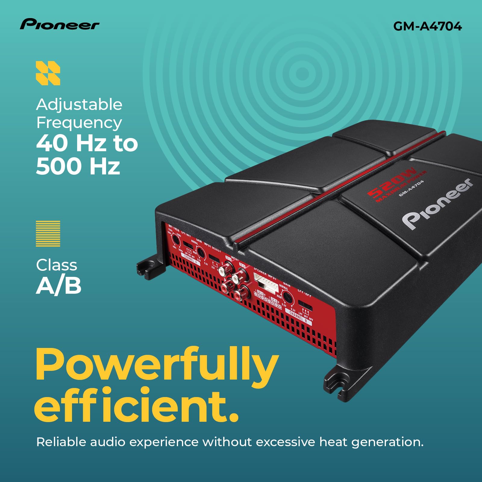 Pioneer GM-A4704 4-Channel Car Amplifier - 520W Max Power, Class AB, Black/Red