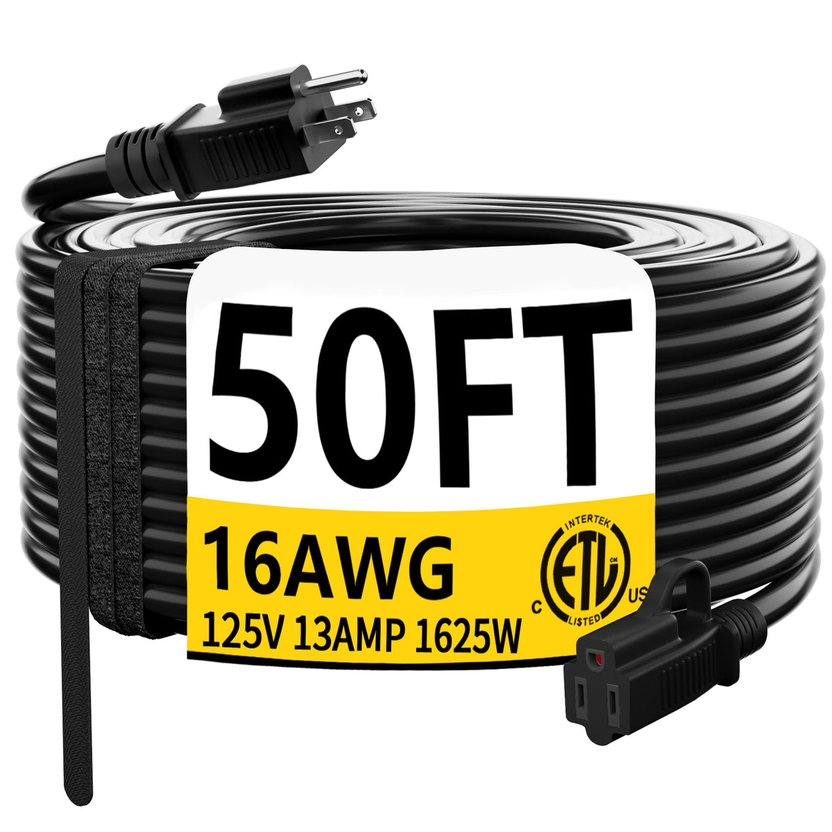 Huanchain Blck Outdoor Extension Cord 50 Ft Waterproof, Flexible 16/3 Gauge Heavy Duty Power Cord Extension 3 Prong 13A 1625W Sj