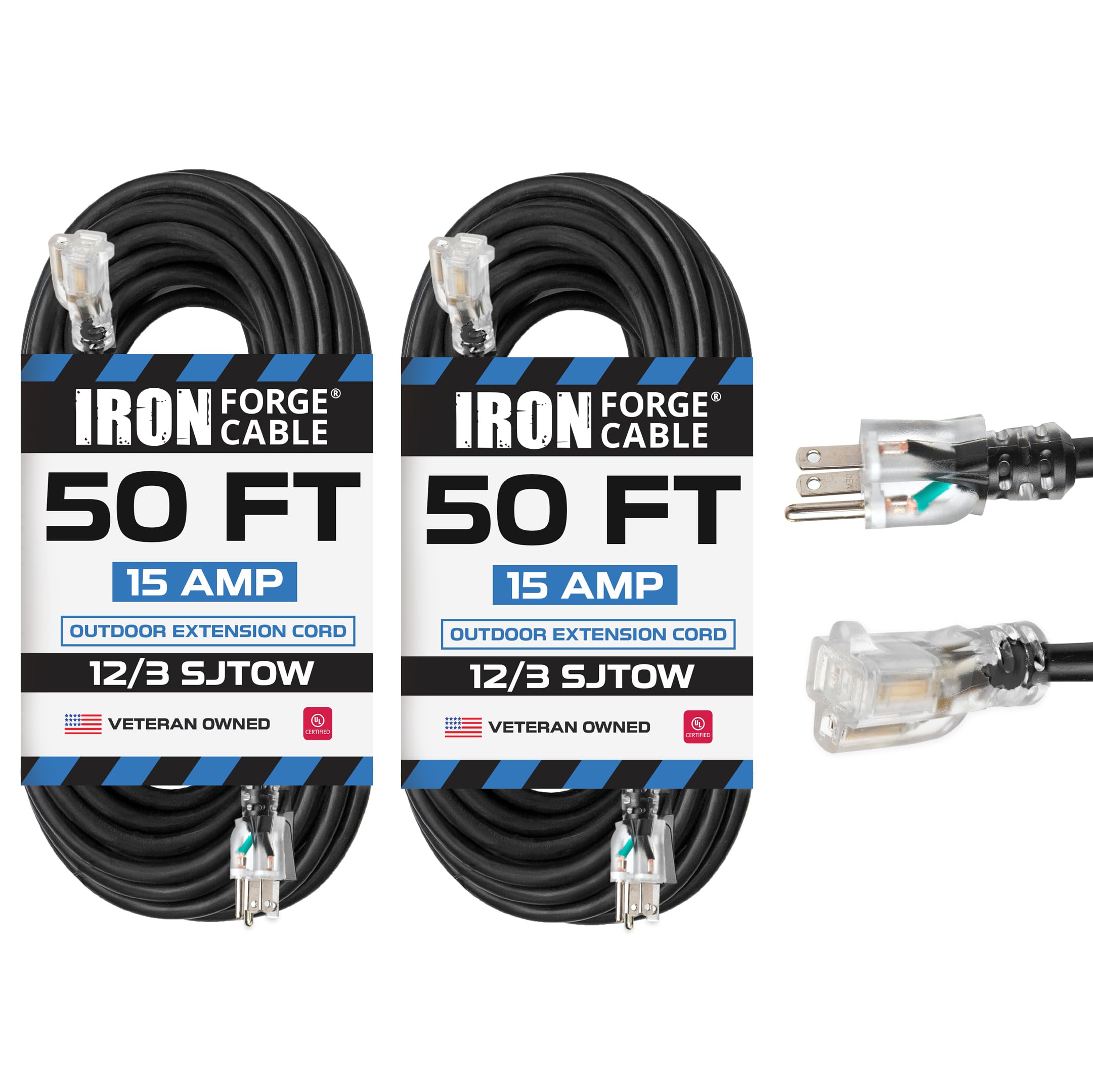 Iron Forge Cable 2 Pack 50 Ft Heavy Duty Extension Cord Outdoor, Oil Resistant Weatherproof 12 Gauge Extension Cord 50 Ft 3 Pron