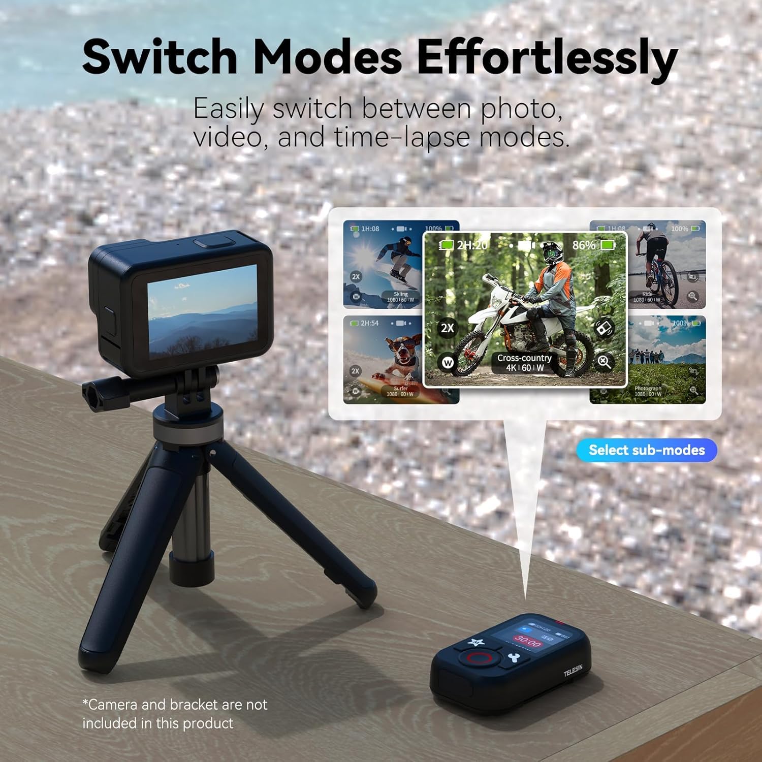 Telesin T13 Waterproof Smart Remote Control With Color Lcd Screen, 5-60M Wireless Remote With Wrist Strap, Compatible With Gopro