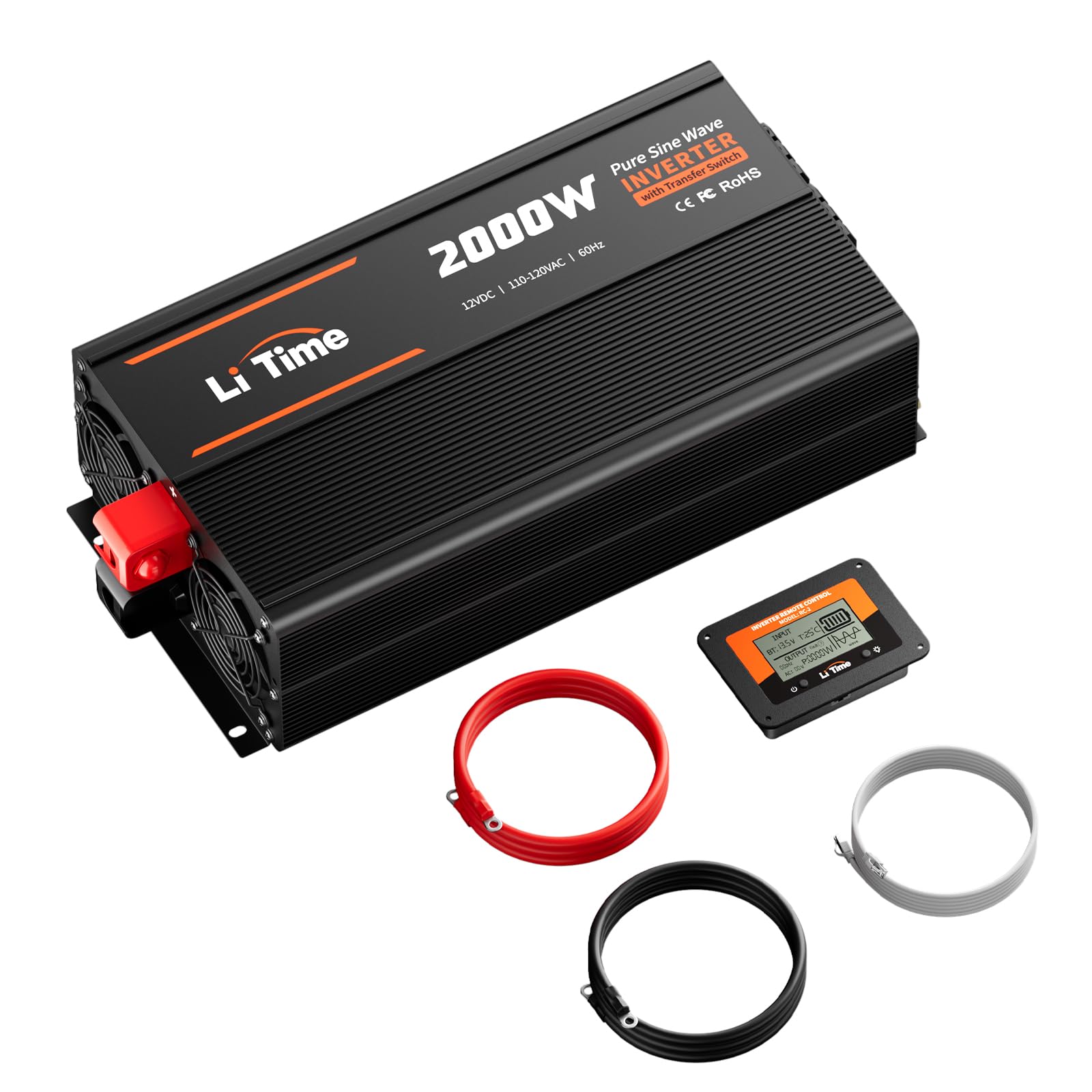 Litime 2000W Pure Sine Wave Power Inverter with ATS Transfer Switch, 12V DC to 120V AC Converter, 4000W Peak, Remote LCD Control